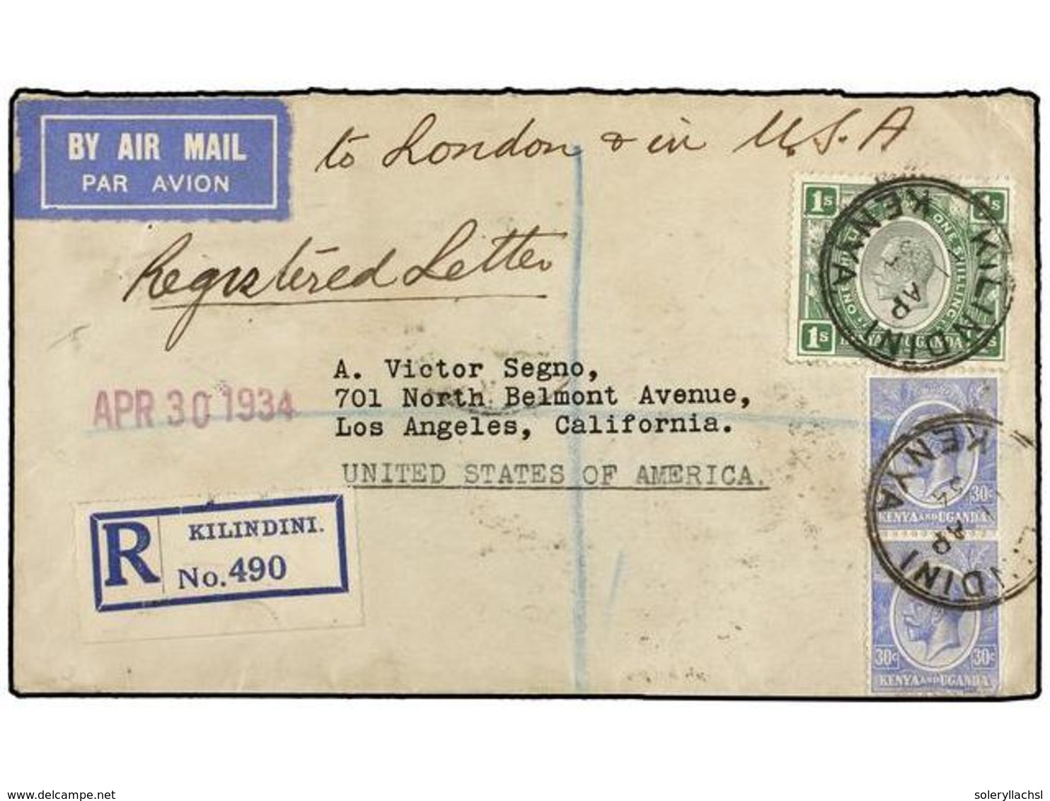 KENIA. 1934. KILINDINI To USA. AIR MAIL Cover Franked With 30 Cts. Blue (2) And 1 Sh. Green. Sent Registered. - Altri & Non Classificati