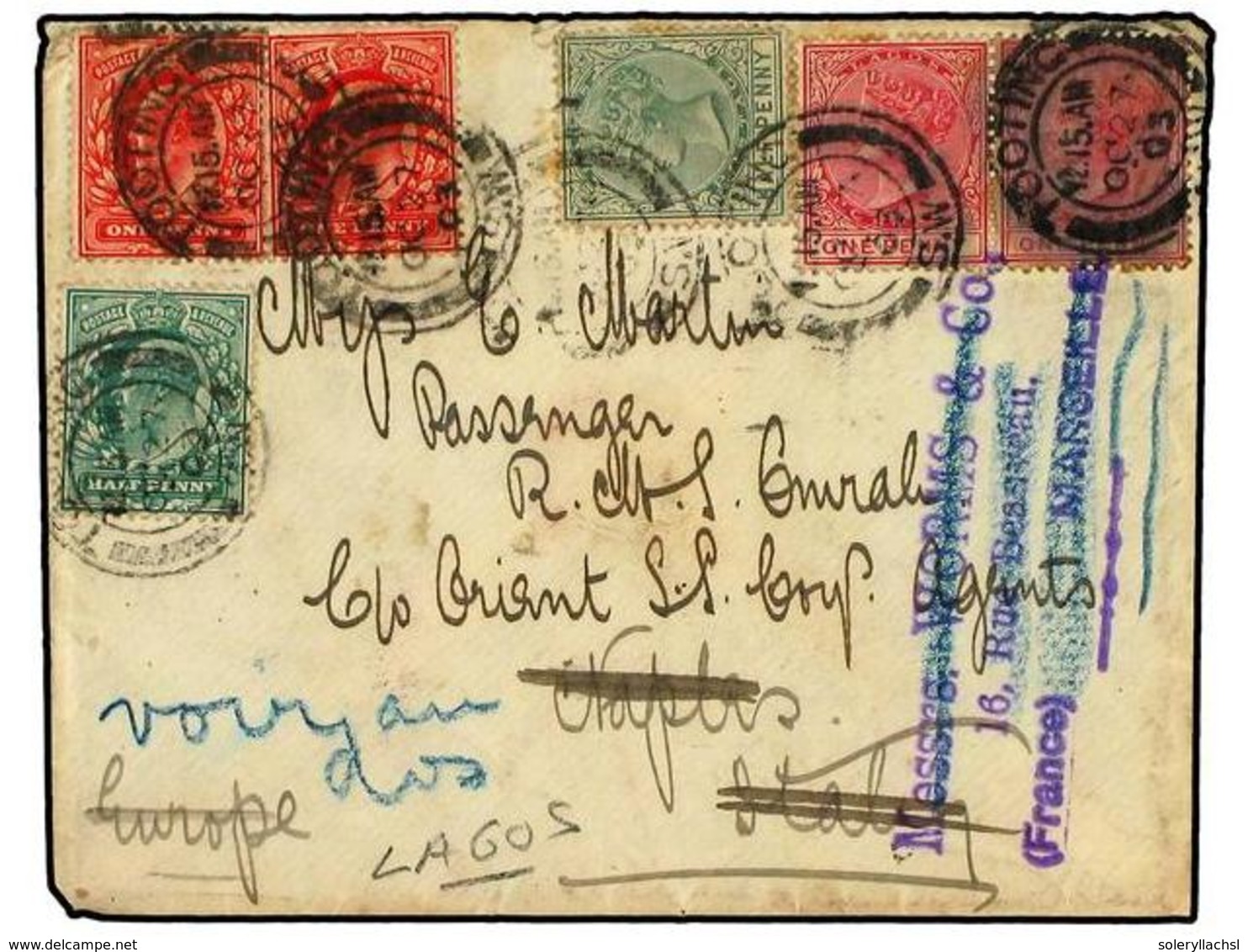 LAGOS. 1903 (Oct 27). Great Britain ½d And 2x1d Used With LAGOS ½d And 1d Pair Tied By Tooting Cds's, Mailed To Naples F - Altri & Non Classificati