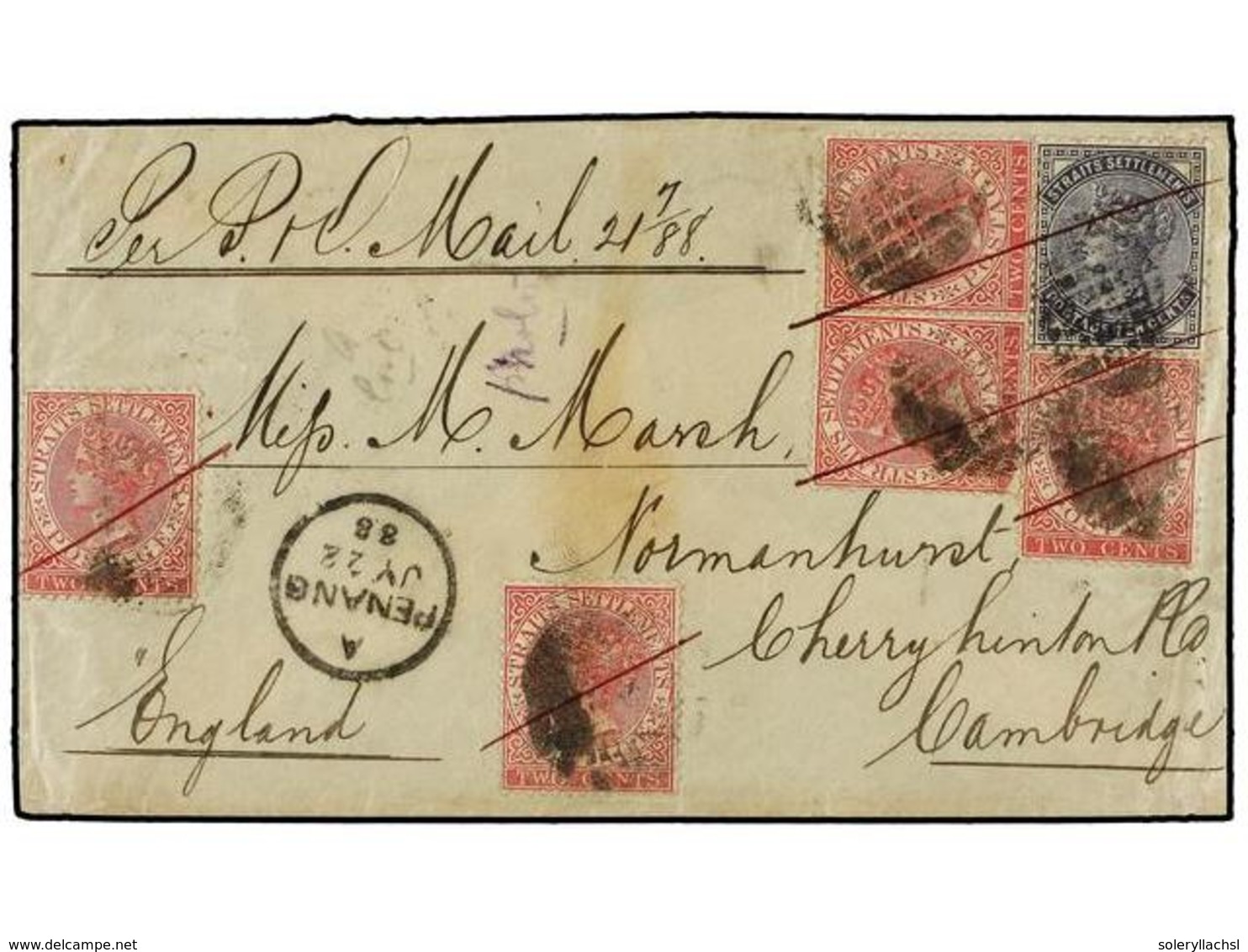 MALAYA. 1888. PENANG To ENGLAND. 2 Cts. Rose (5) And 10 Cents. Slate. Tied By MUTE AND RED PEN Cancel, Arrival On Back. - Sonstige & Ohne Zuordnung