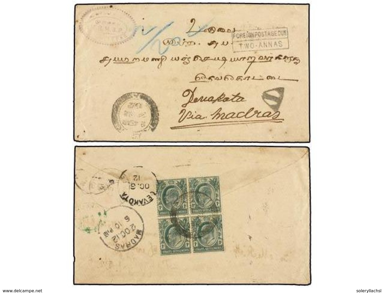MALAYA. 1912. PENANG To INDIA. Envelope Franked With Four 1 Cts. Green Stamps, Taxed On Arrival With FOREIGN POSTAGE/TWO - Sonstige & Ohne Zuordnung