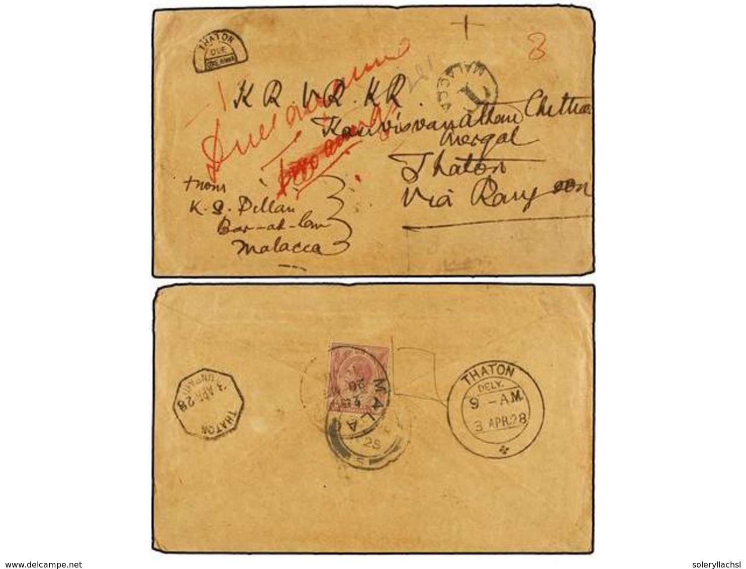 MALAYA. 1928. MALACCA To THATON (Burma). Envelope Franked With 4 Cts. Lilac Stamp, On Front T/MALACCA Mark In A Circle A - Sonstige & Ohne Zuordnung