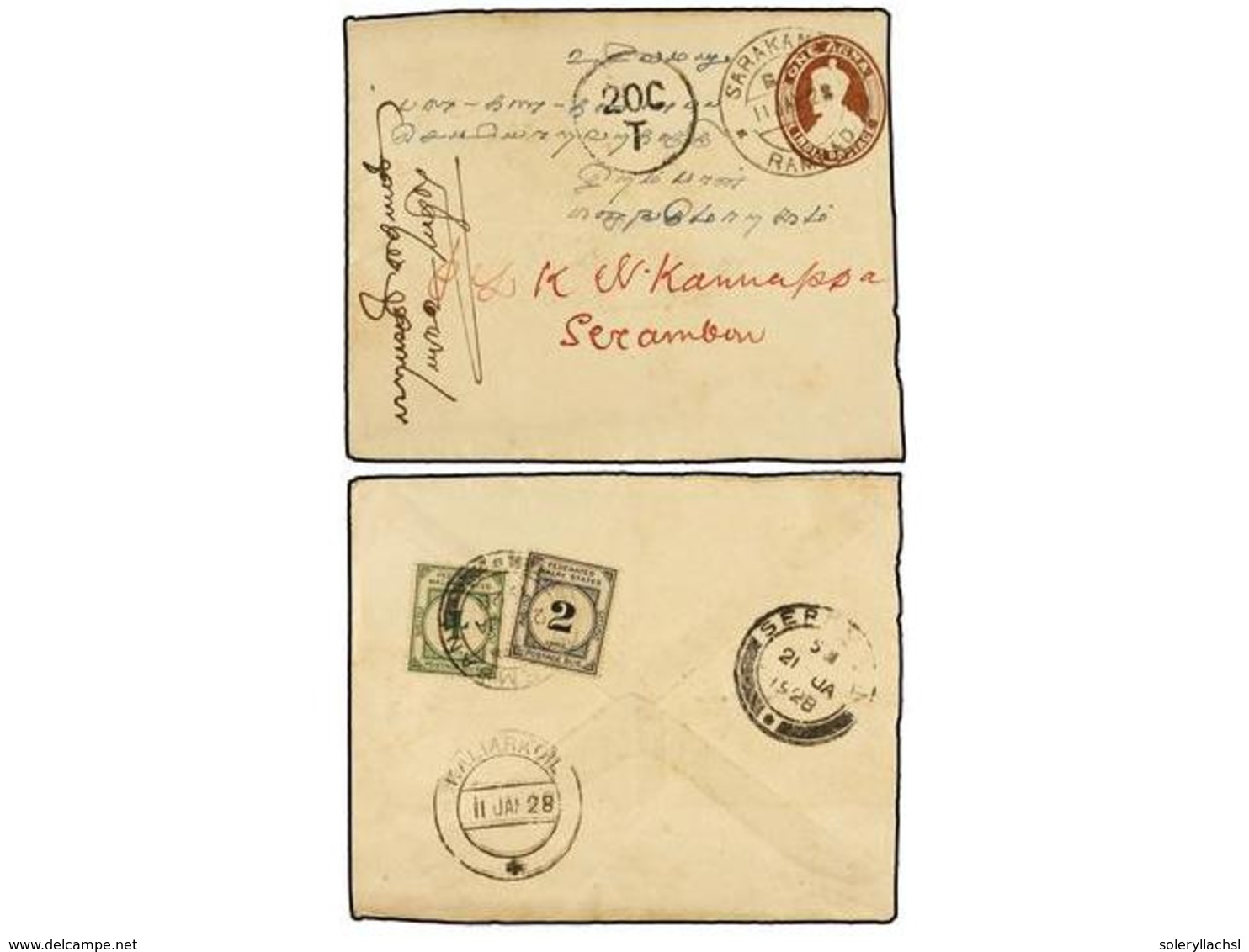 MALAYA. 1928. SARAKANEI (India) To SERAMBAN (Negri Sembilan, Malaya). One Anna Postal Stationery Envelope, Taxed On Arri - Altri & Non Classificati