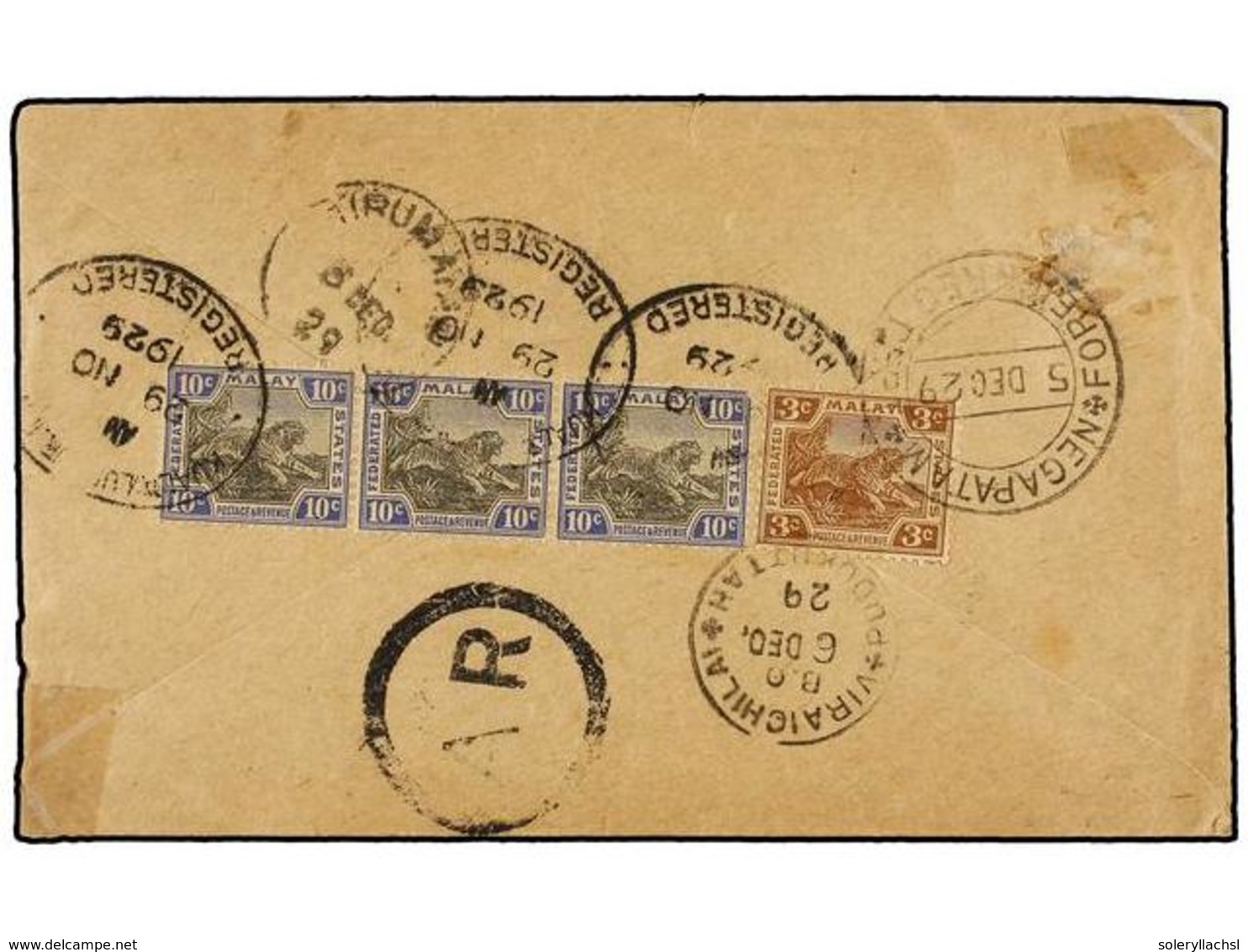 MALAYA. 1929. NEGAPATAM To INDIA Franked On Reverse With 3 Cts. And 10 Cts. (3) (one Fault) Stamps, Registered Cover + A - Altri & Non Classificati