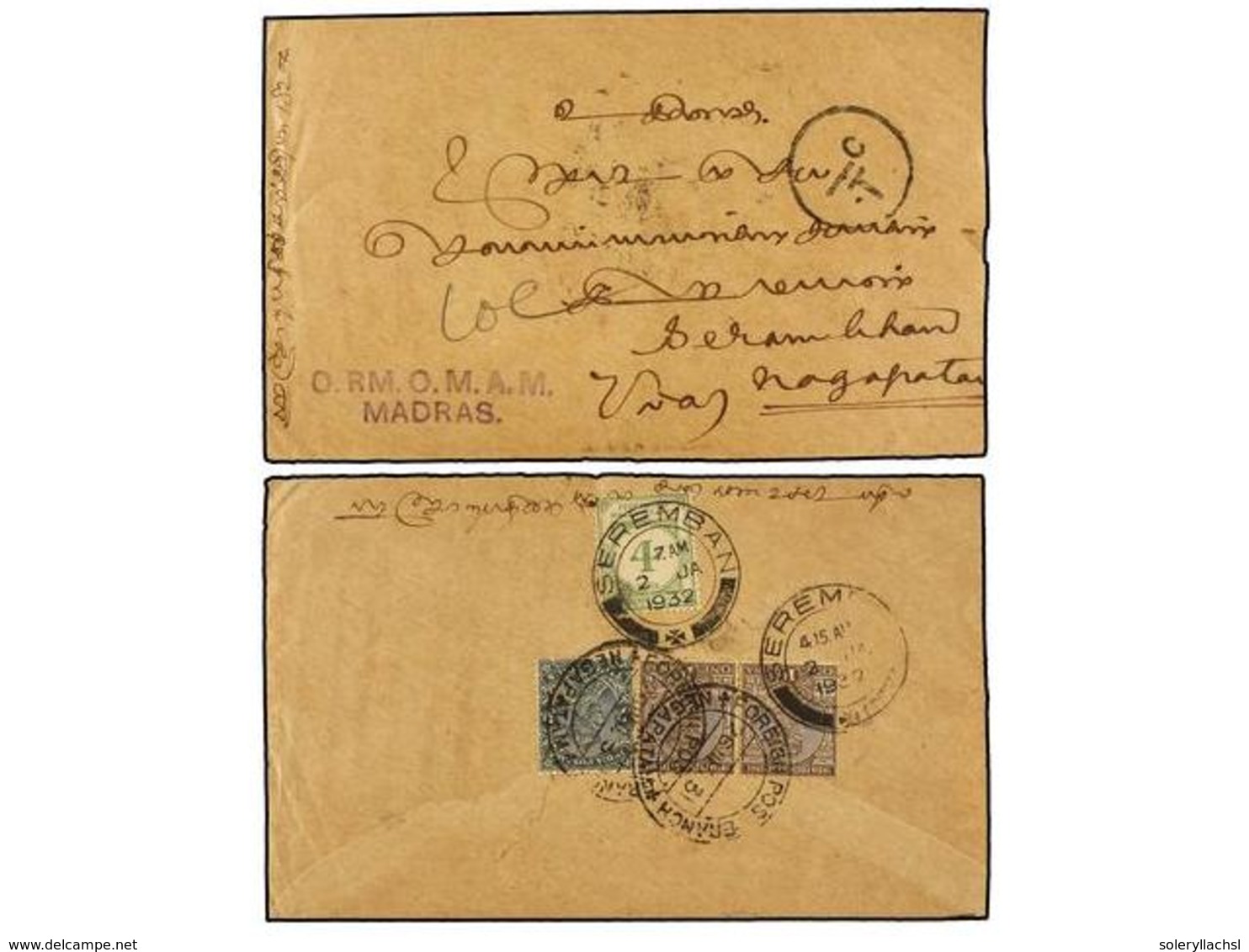 MALAYA. 1932. NEGAPATAM (India) To SEREMBAN (Negri Sembilan, Malaya). Envelope Franked With 3 Pi. Grey And Two 1 Anna Br - Sonstige & Ohne Zuordnung