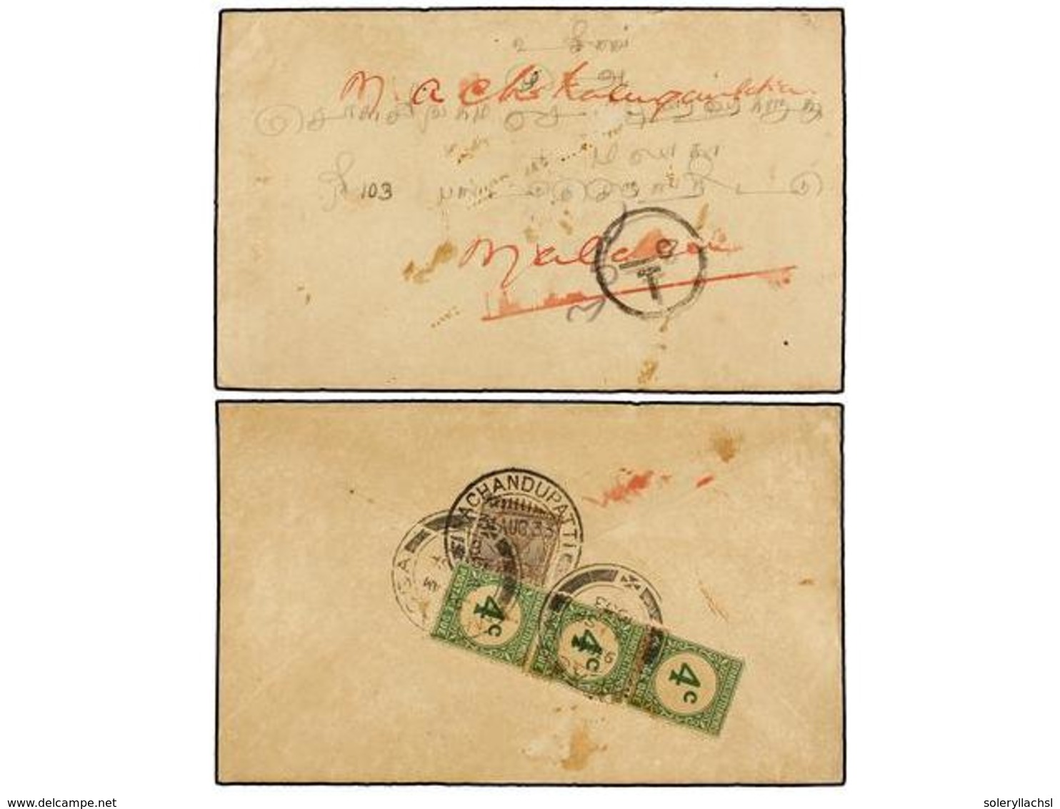 MALAYA. 1933. NACHANDUPATTI (India) To MALACCA. Envelope Franked With 1 Anna Brown, Taxed On Arrival With Strip Of Three - Altri & Non Classificati
