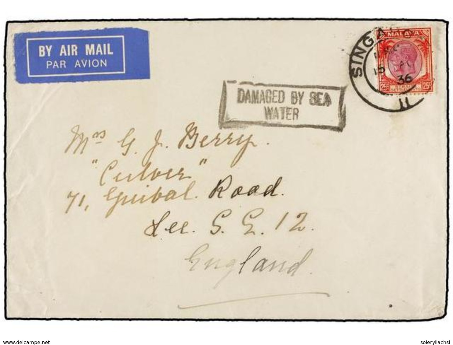 MALAYA. 1936. SINGAPORE To ENGLAND. CRASH MAIL. Envelope Crashed At Mirabella Bay (Crete). Cached DEMAGED BY SEA/WATER. - Sonstige & Ohne Zuordnung