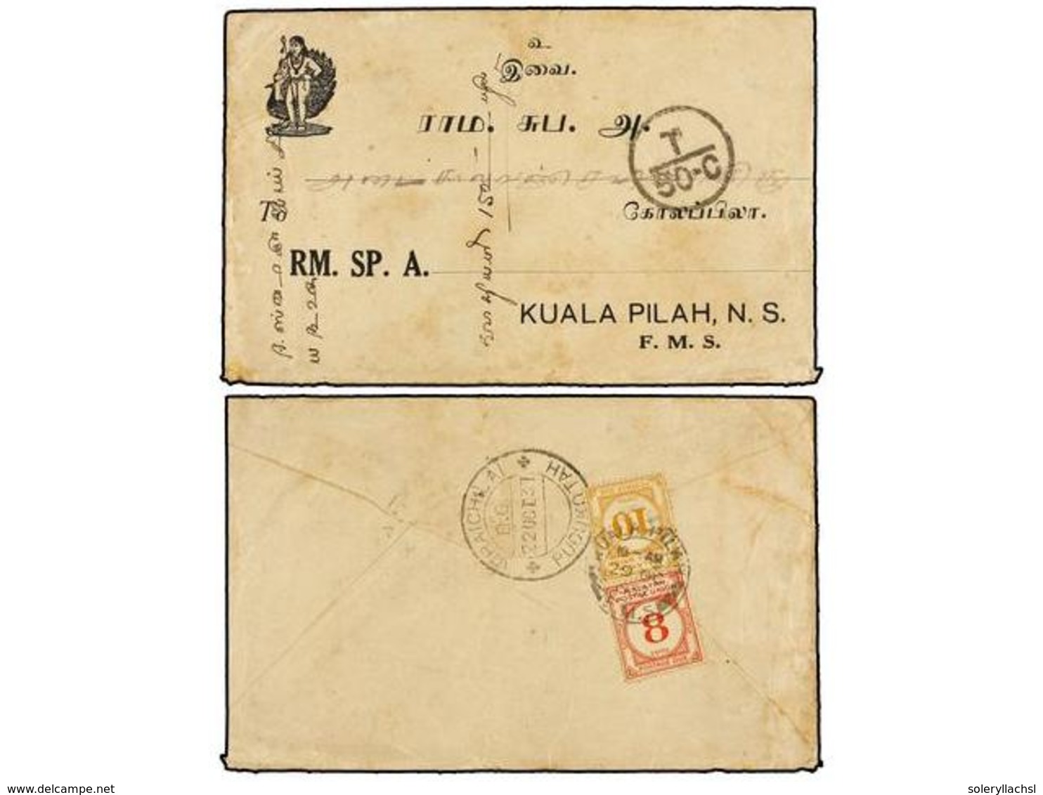 MALAYA. 1937. VIRAICHILAI (India) To KUALA PILAH (Negri Sembilan, Malaya). Envelope Sent Unfranked Taxed On Arrival With - Altri & Non Classificati