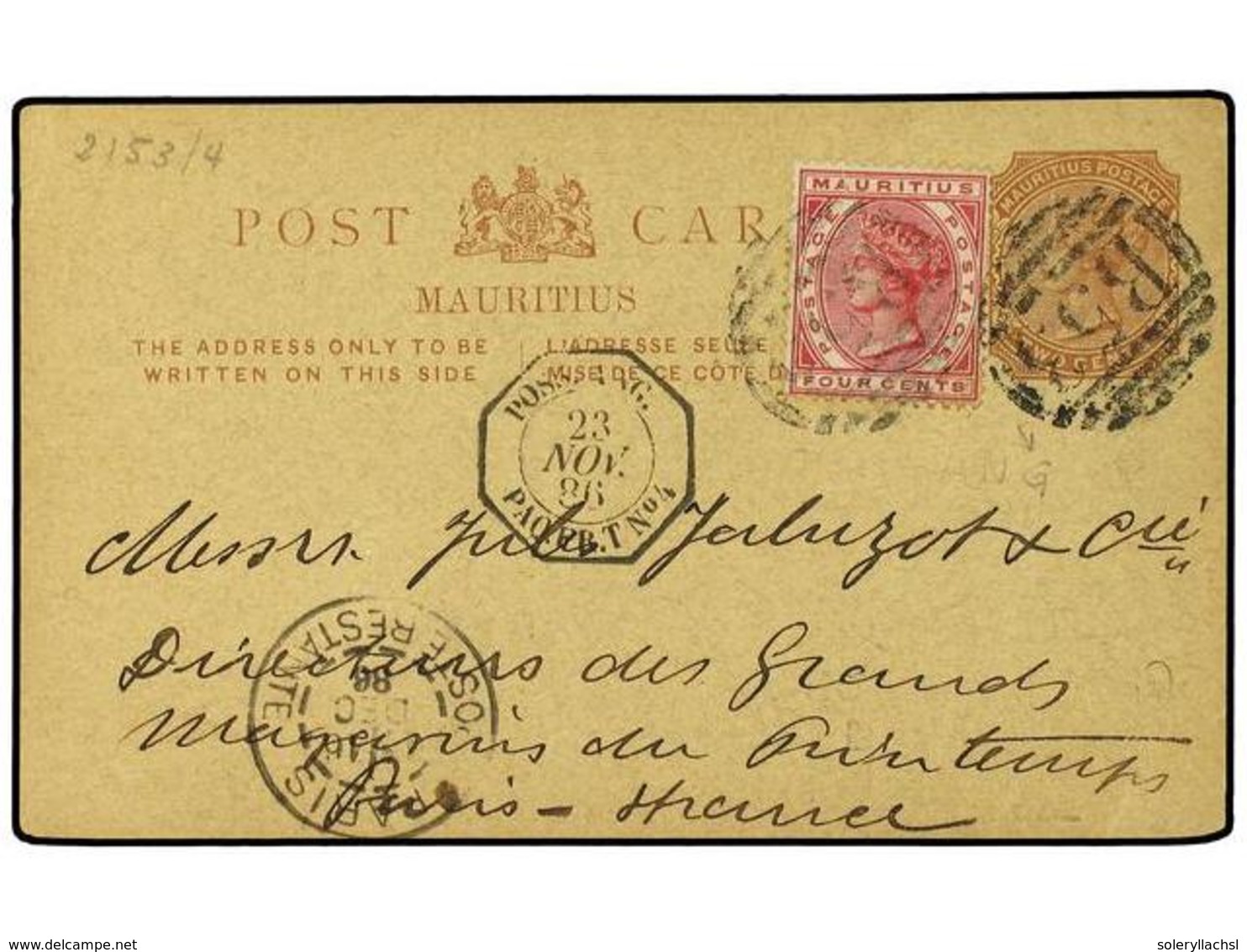 MAURICIO. 1886. PORT LOUIS A FRANCIA. Entero Postal De 2 Cts. Castaño Con Franqueo Adicional De 4 Cts. Rojo, Fechador Oc - Sonstige & Ohne Zuordnung