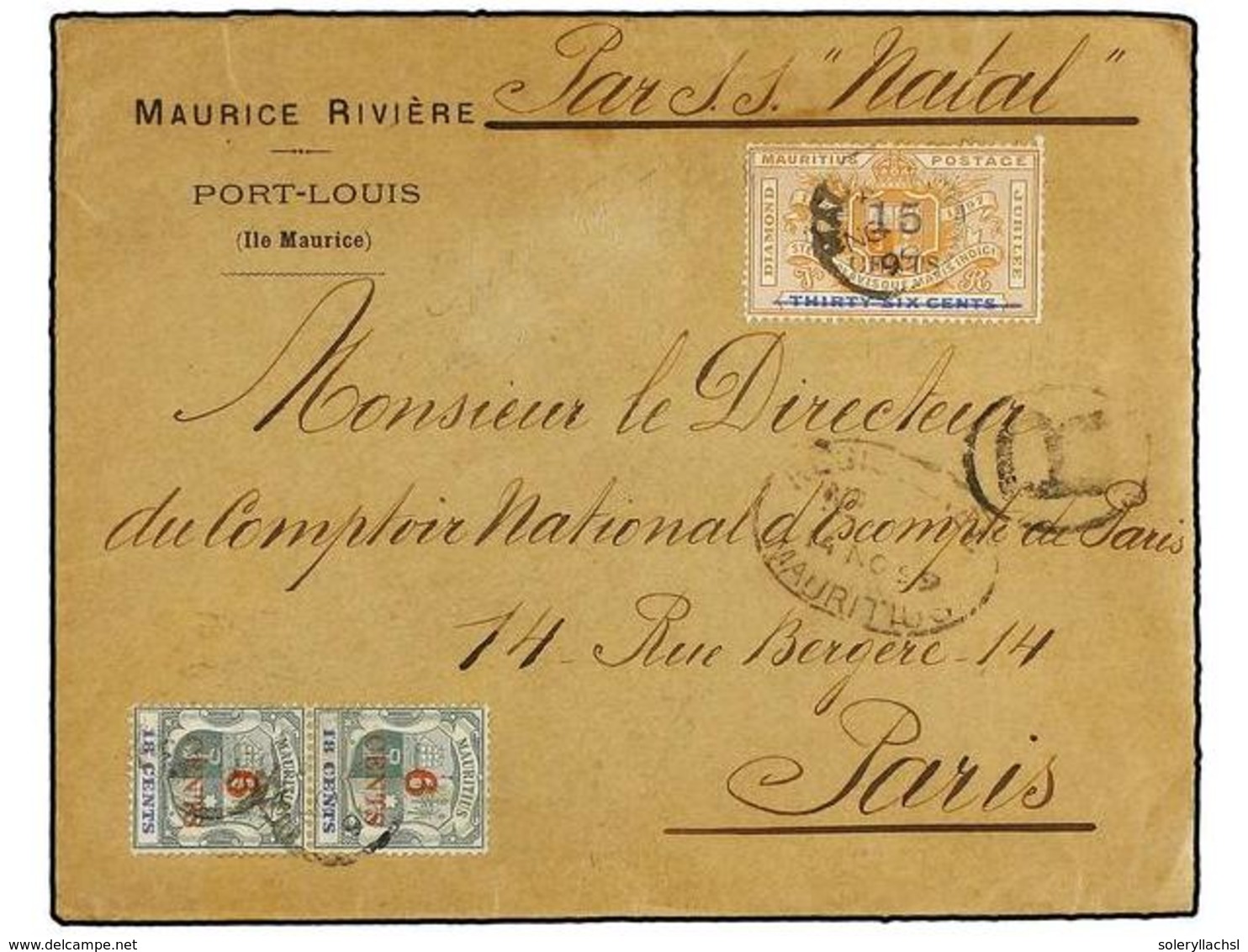 MAURICIO. Sg.134 (2), 135. 1899. MAURITIUS To PARIS. 6 Cts. On 18 Cts. (2) And 15 Cts. On 36 Cts. Registered Cover, Arri - Altri & Non Classificati