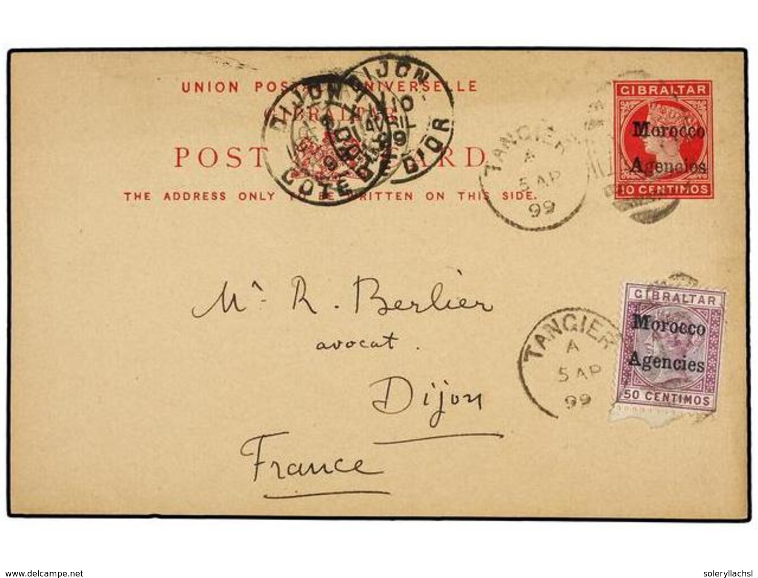 MARRUECOS INGLES. Sg.6. 1899. TANGIER To FRANCE. 10 Cts. Red Postal Stationary Card Uprated With 50 Cts. Lilac Stamp. - Altri & Non Classificati