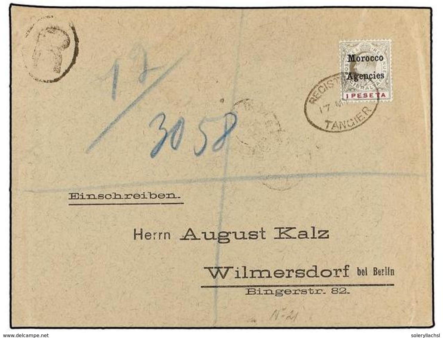 MARRUECOS INGLES. Sg.29. 1906. TANGIER To GERMANY. 1 Pta. Black And Carmine Tied By REGISTERED/TANGIER. - Andere & Zonder Classificatie