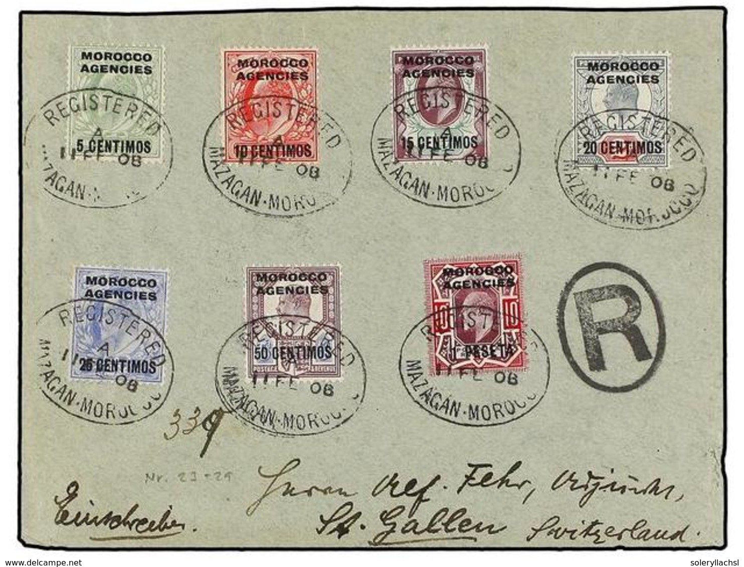 MARRUECOS INGLES. Sg.112/16, 119/20. 1908. MAZAGAN To SWITZERLAND. Spectacular Franking, Arrival On Reverse. - Sonstige & Ohne Zuordnung