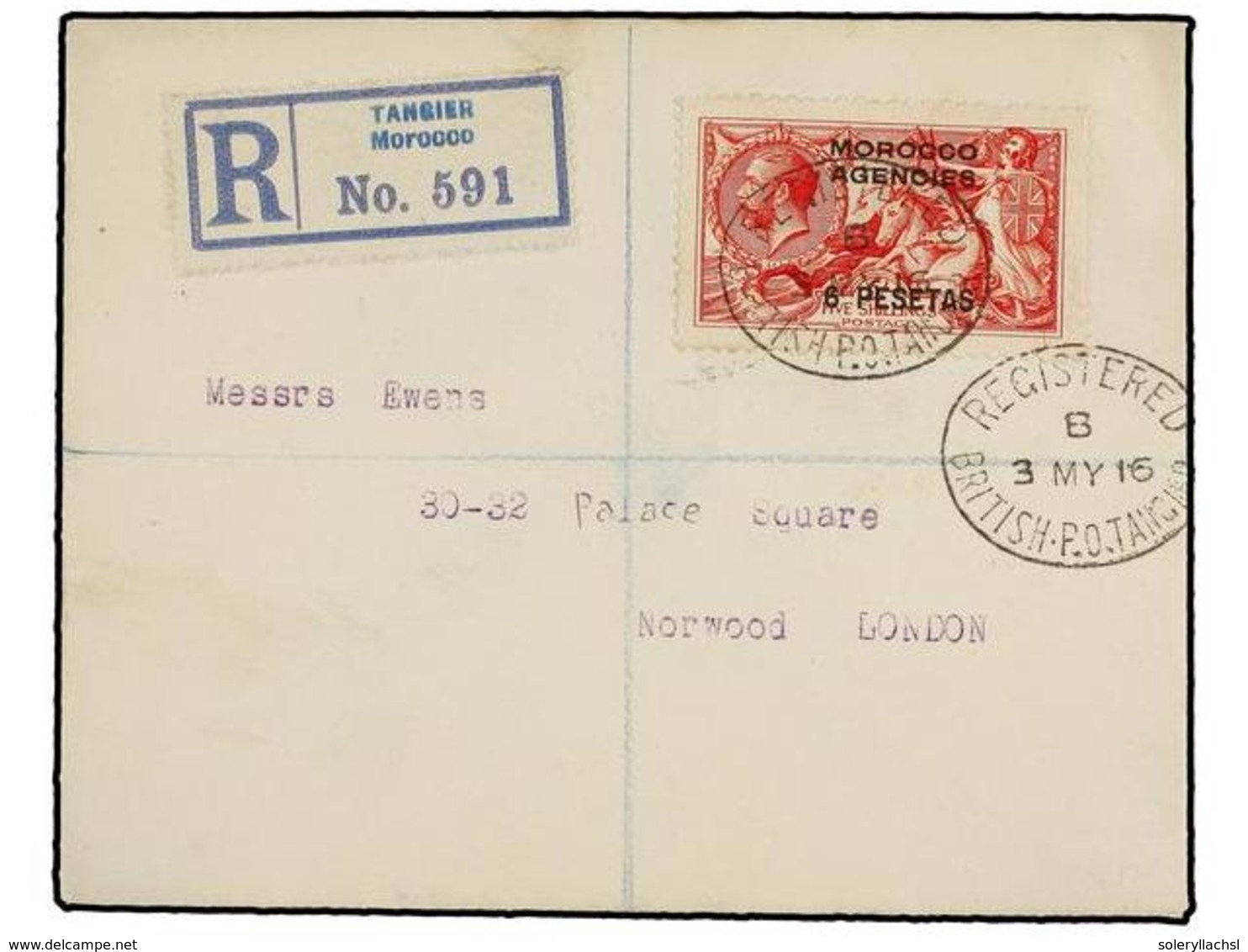 MARRUECOS INGLES. Sg.136. 1916. TANGIER To LONDON. 6 Pts. On 5 Sh. Carmine, Registered Cover Arrival On Reverse. - Sonstige & Ohne Zuordnung