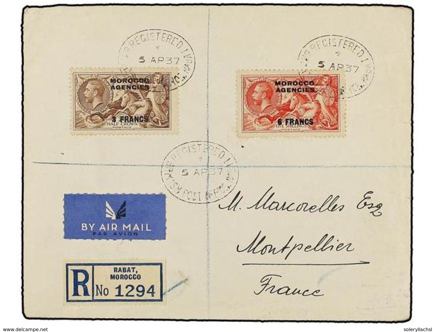 MARRUECOS INGLES. Sg.200/01. 1937. RABAT To FRANCE. 3 Fr. On 2/6 Sh. And 6 Fr. On 5 Sh. Registered Cover Arrival On Reve - Sonstige & Ohne Zuordnung