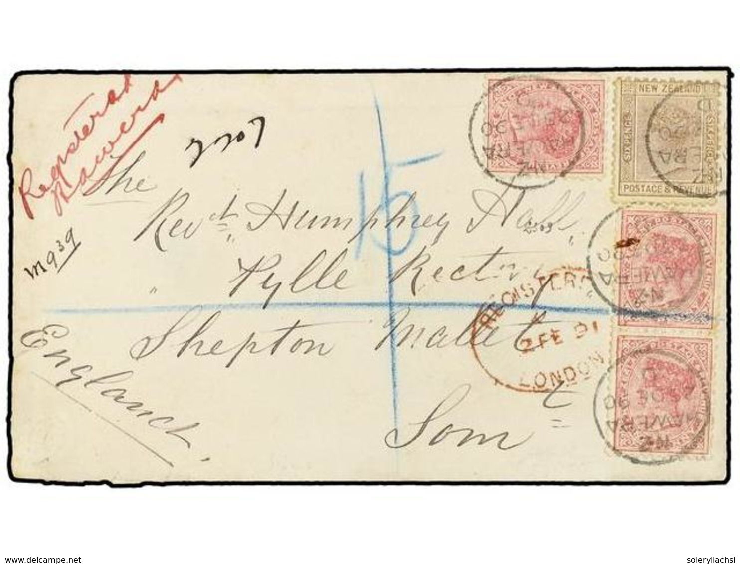 NUEVA ZELANDA. 1890 (Dec 23). Registered Cover To SHEPTON MALLET (UK) Bearing 1882-90 1d. Rose (3) And 6d. Brown All Tie - Sonstige & Ohne Zuordnung