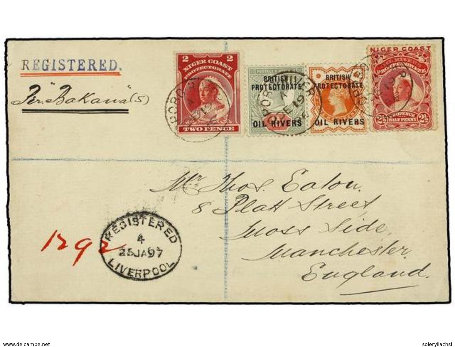 NIGERIA. 1896 (19 Dec.). Envelope Registered To MANCHESTER, Marked 'Per Bakana', Bearing 1892 1/2 D. Vermilion, 2 D. Gre - Sonstige & Ohne Zuordnung