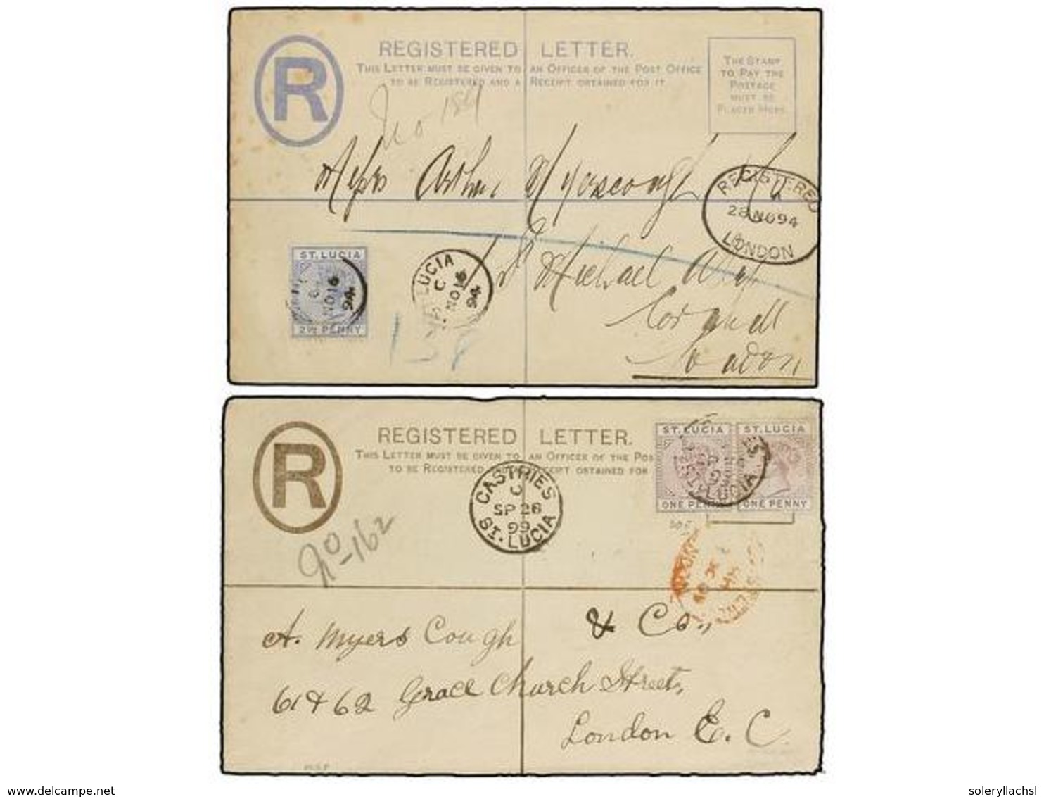SANTA LUCIA. 1894-99. Two Registered Envelopes Of 2 D. Grey And Green Uprated With 2 D. Lilac (2) And 2 1/2 D. Blue Stam - Sonstige & Ohne Zuordnung