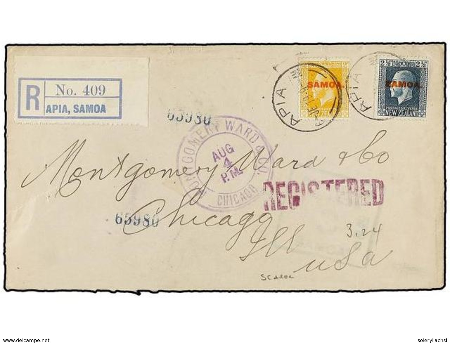 SAMOA. Sg.137, 139. 1919. APIA To U.S.A. 2 D. Yellow And 2 1/2 D. Blue On Registered Cover, Arrival On Reverse, Censored - Sonstige & Ohne Zuordnung