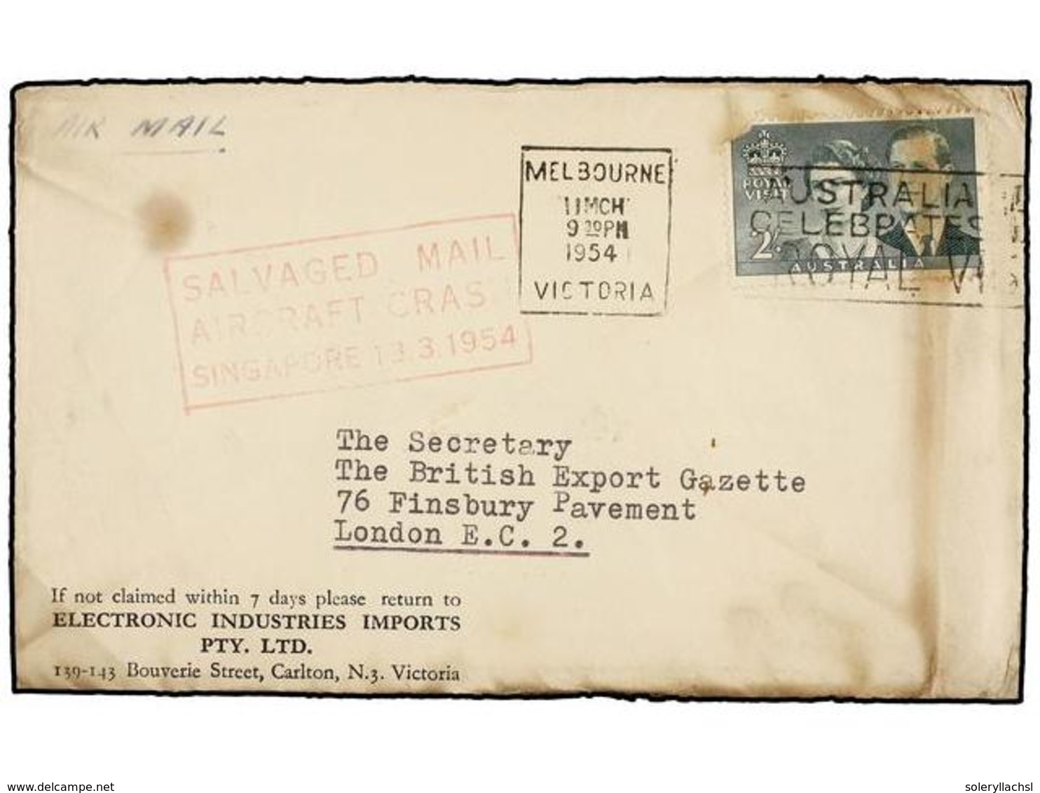 SINGAPUR. 1954. VICTORIA To LONDON. CRASH COVER. Envelope With Cachet SALVAGED MAIL/AIRCRAFT CRAS/SINGAPORE, 13.3.1954. - Altri & Non Classificati