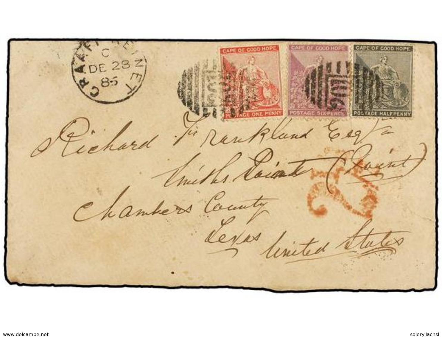 CABO DE BUENA ESPERANZA. Sg.40, 41, 44. 1885. GRAAFREINET To USA. Envelope Franked With 1/2 D. Black, 1 D. Red And 6 D.  - Sonstige & Ohne Zuordnung