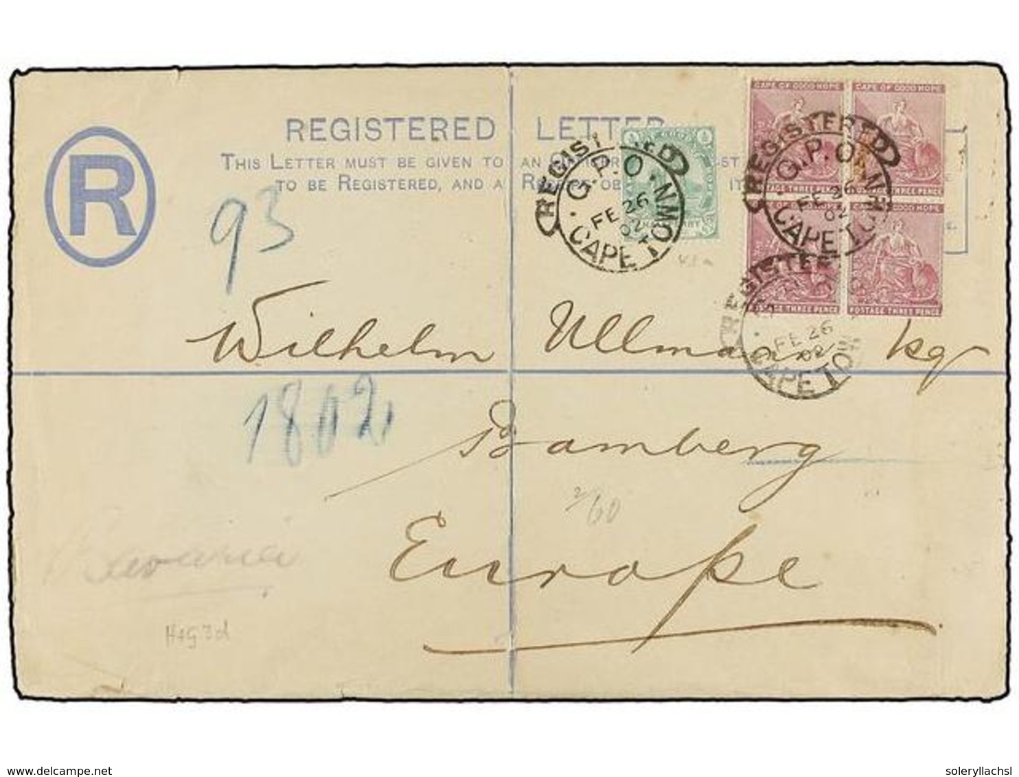 CABO DE BUENA ESPERANZA. 1902. CAPE TOWN To GERMANY. 4 D. Registered Envelope Uprated With 1/2 D. Green And Block Of Fou - Altri & Non Classificati