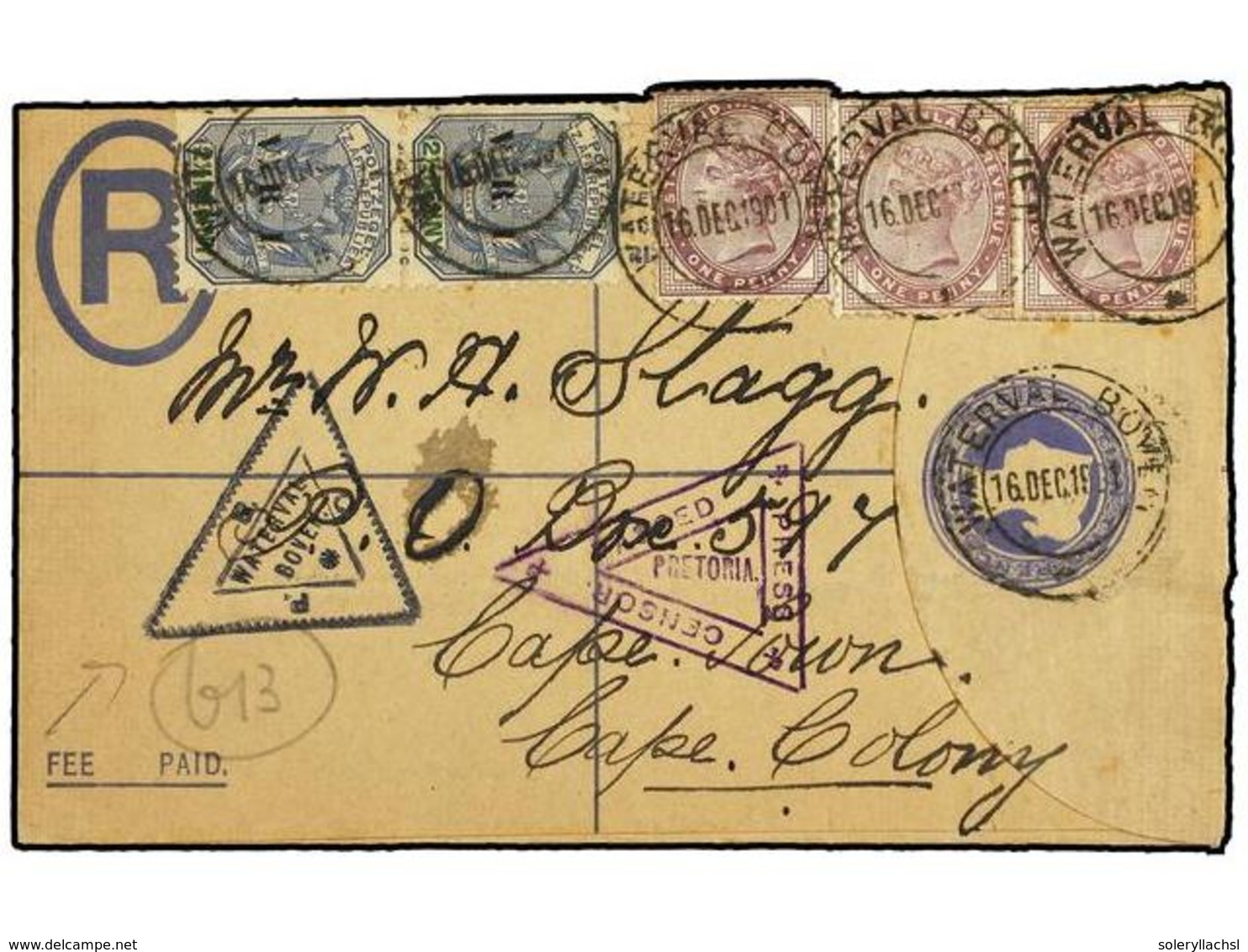 AFRICA DEL SUR. 1901. WATERWAL To CAPETOWN. Envelope Registered 2 P. Blue Uprated 1 P. Lilac (3) And 2 1/2 P. Blue And G - Sonstige & Ohne Zuordnung