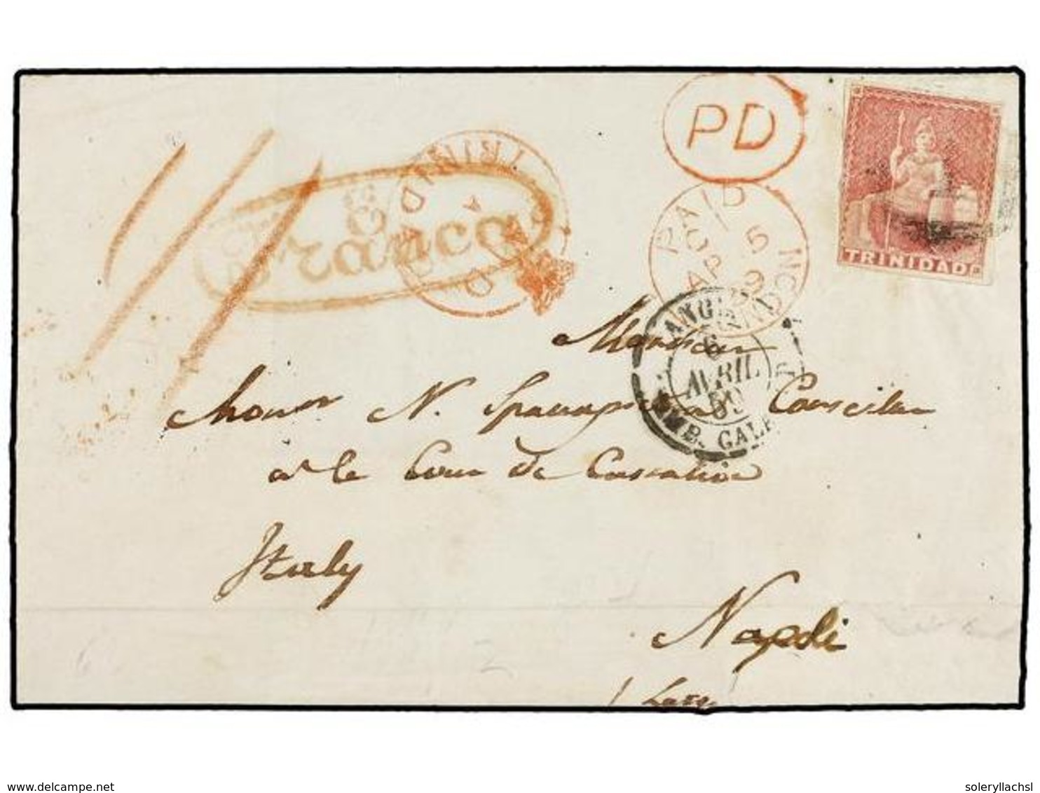 TRINIDAD. 1859. PORT OF SPAIN To NAPOLI. 1 D. Red For Inland Rate And 1 Sh., 1 P. Prepaid To Destination, Crowned PAID/A - Sonstige & Ohne Zuordnung