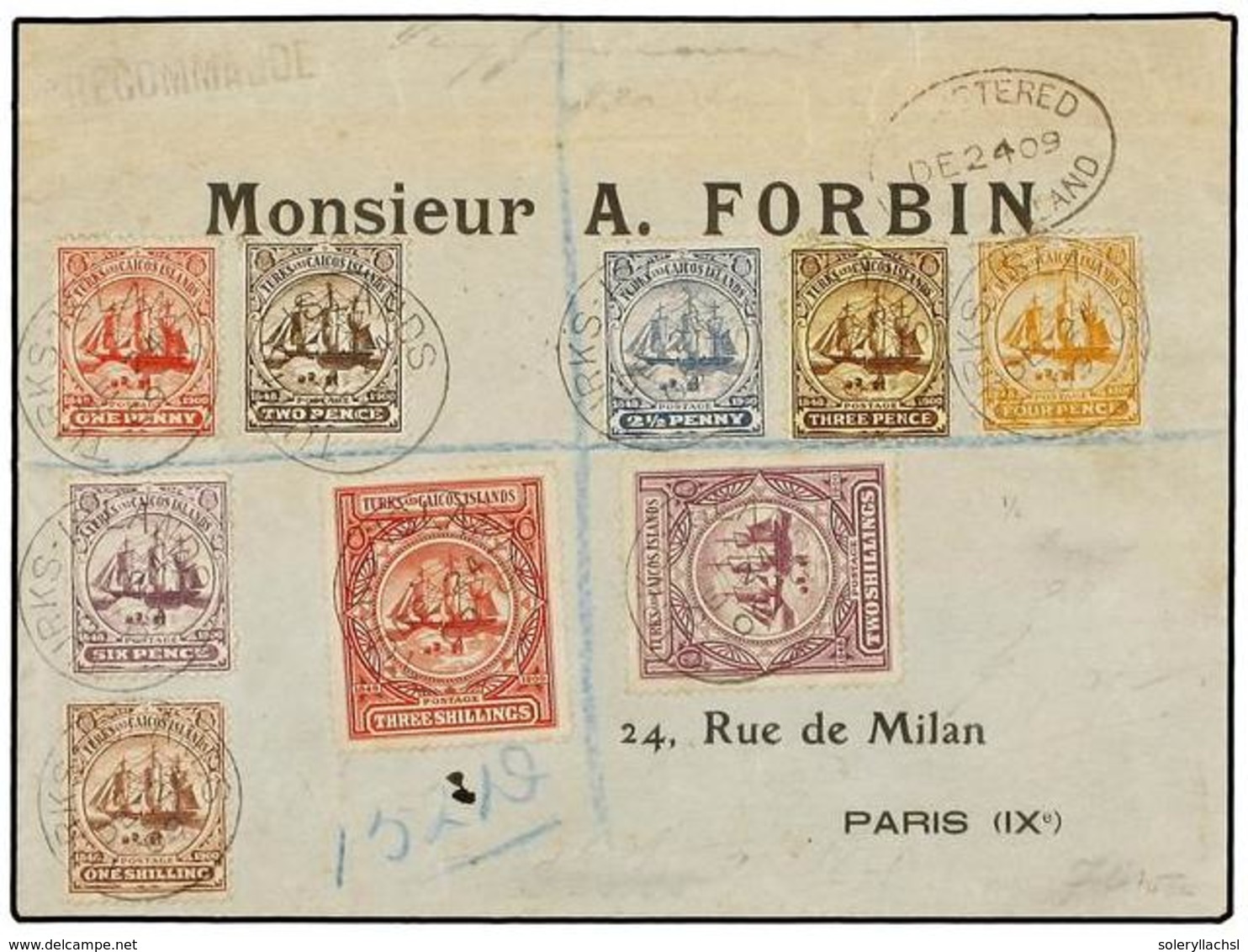 TURKS Y CAICOS. Sg.101/109. 1909 (Dec 24). Registered Cover To FORBIN In Paris Franked By Complete Set Of Nine 1900-04 I - Sonstige & Ohne Zuordnung