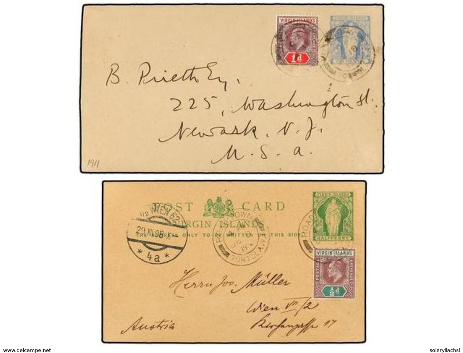 ISLAS VIRGENES. 1908-11. Two Postal Stationary 1/2 D. Green And 2 1/2 D. Ultramarine Uprated 1/2 D. And 1 D. - Altri & Non Classificati