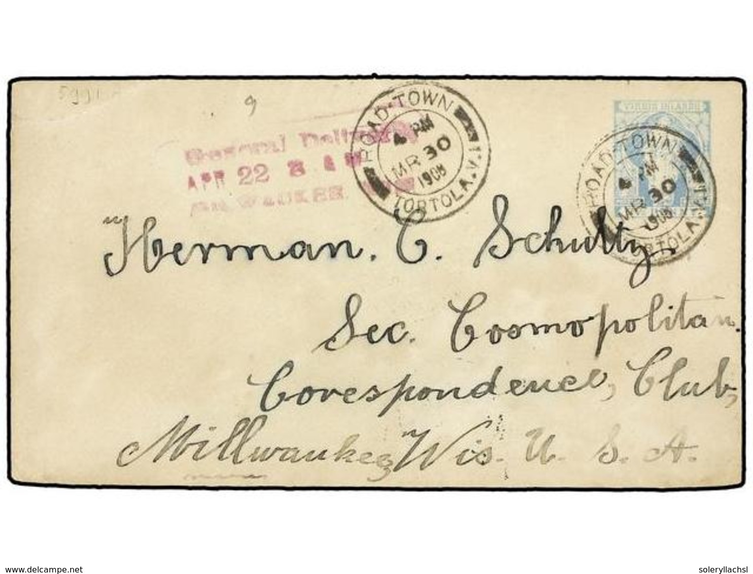 ISLAS VIRGENES. 1909. ROAD-TOWN To U.S.A. Postal Stationery Of 2 1/2 P. Blue Tied By ROAD-TOWN/TORTOLA Cancel. Arrival O - Altri & Non Classificati