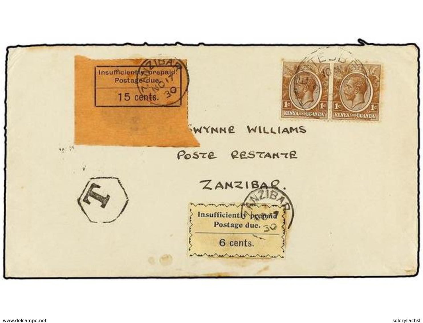 ZANZIBAR. Sg.D8, D21. 1930. Underpaid Cover From ENTEBBE Franked By Kenya & Uganda 1922 1c. Brown Pair Struck With Hexag - Sonstige & Ohne Zuordnung