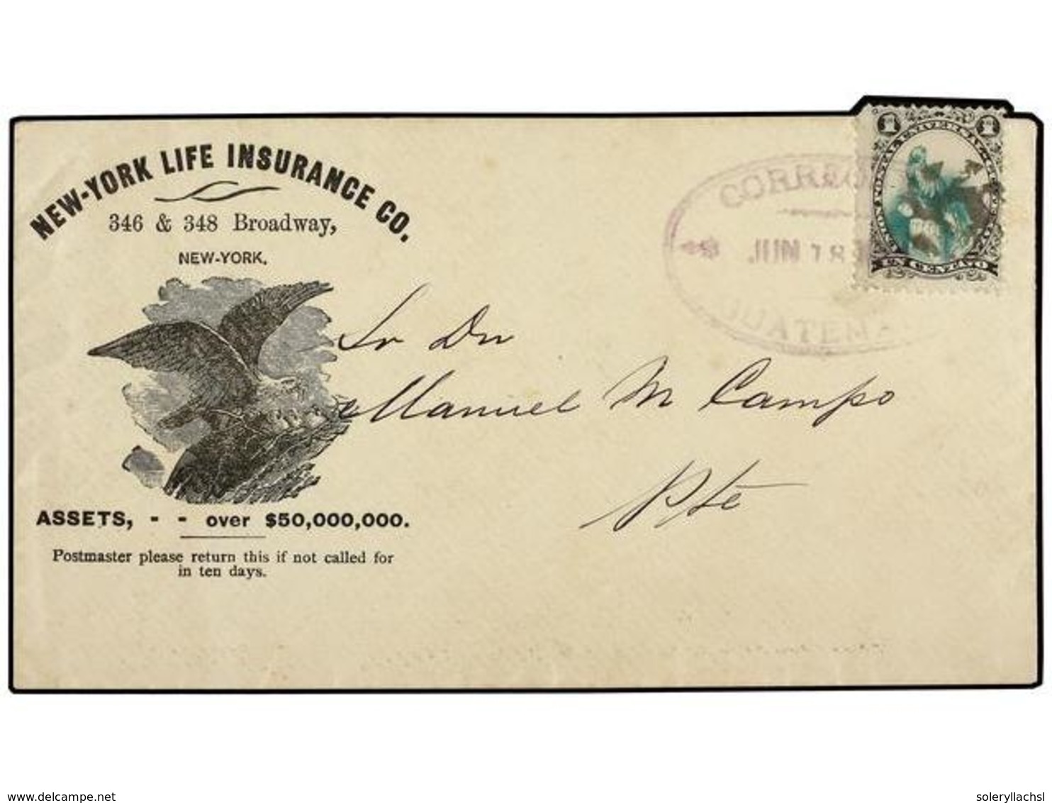 GUATEMALA. 1881. Quetzal 1c. Black & Green (corner Fault) Tied To Local Advertising (New York Life Insurance) Cover Used - Sonstige & Ohne Zuordnung