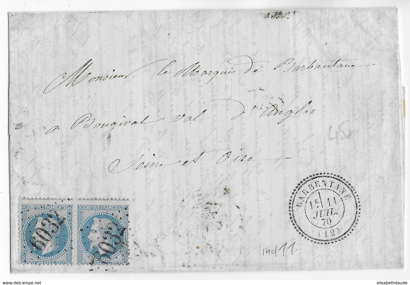 1870 - LETTRE De BARBENTANE (BOUCHES DU RHONE) Avec T24 SUPERBE + GC 6032 Sur DOUBLE PORT  => BOUGIVAL - 1849-1876: Période Classique