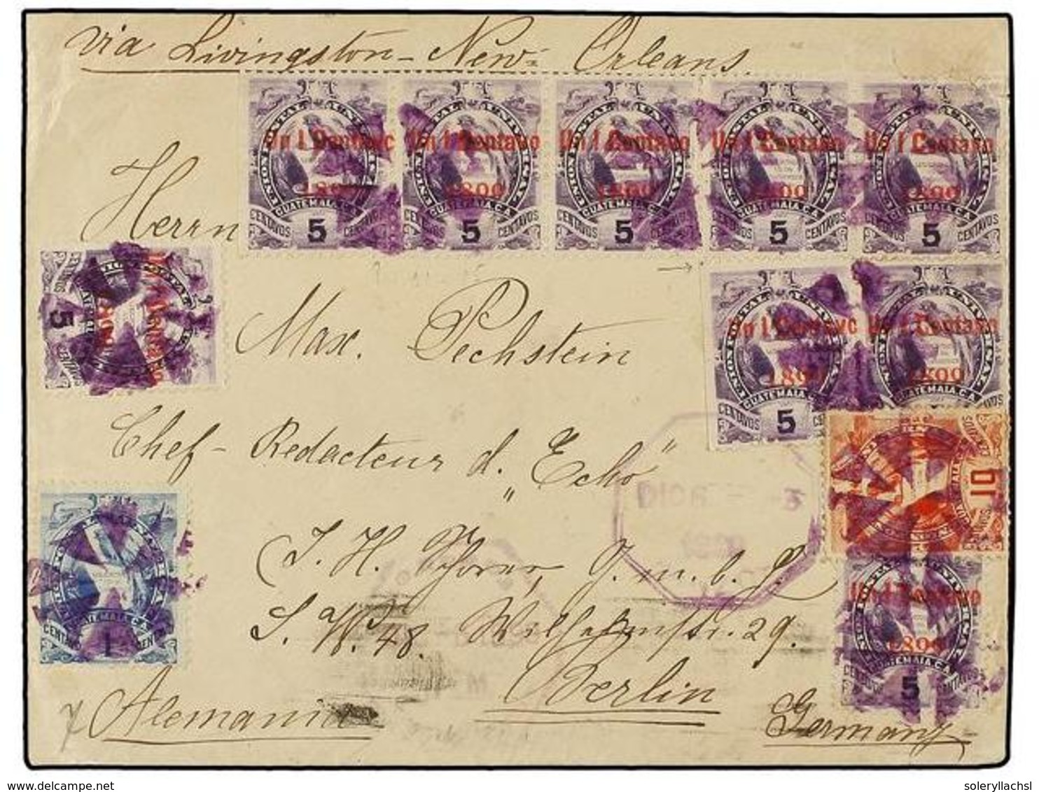 GUATEMALA. Sc.97 (9), 43, 48. 1899. PANZOS A ALEMANIA. 1 Cto. S. 5 Cts. Lila (9), 1 Ctvo. Azul Y 10 Ctvos. Naranja. Prec - Andere & Zonder Classificatie