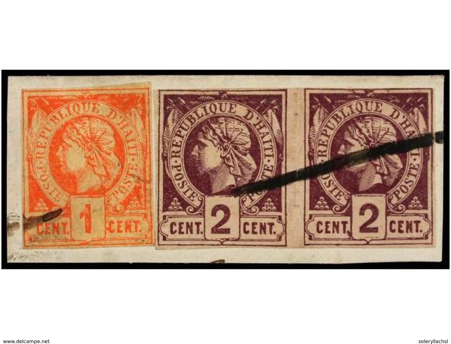 HAITI. Sc.1, 2 (2). 1881. 1 Cto. Rojo Y 2 Cts. Lila, Pareja Sobre Pequeño Fragmento, Anulación A Pluma. - Altri & Non Classificati