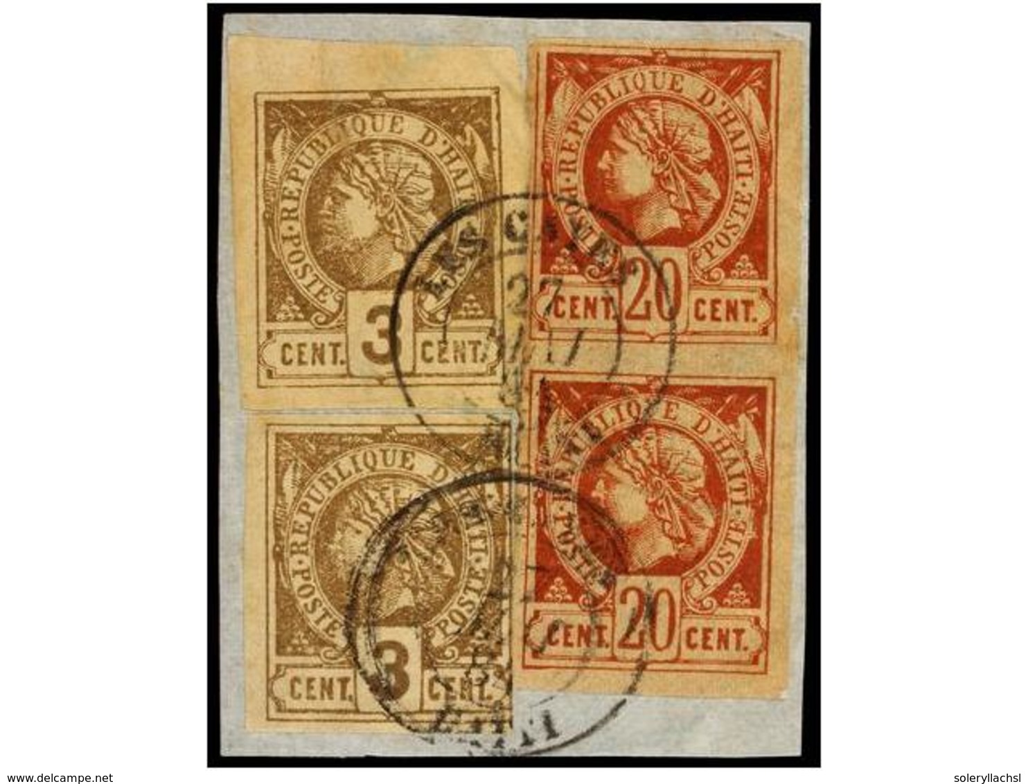 HAITI. Sc.6 (2) + 3 (2). 1881. Fragmento Con Dos Sellos Del 3 Cts. Castaño Y Del 20 Cts. Castaño Rojo (pareja), Mat. LES - Sonstige & Ohne Zuordnung