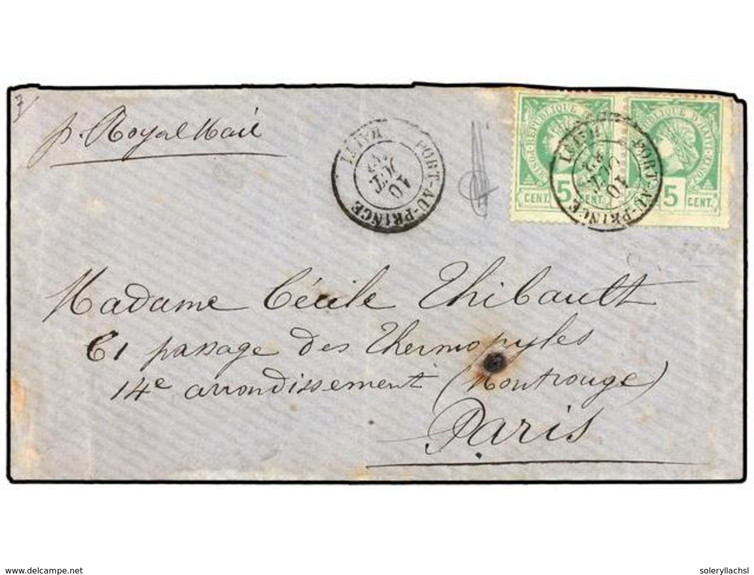 HAITI. Sc.10 (2). 1882. PORT AU PRINCE A PARÍS. 5 Cents. Verde (2) Pl. II, 1ª Tirada. Mat. PORT-AU-PRINCE/HAITI. - Altri & Non Classificati