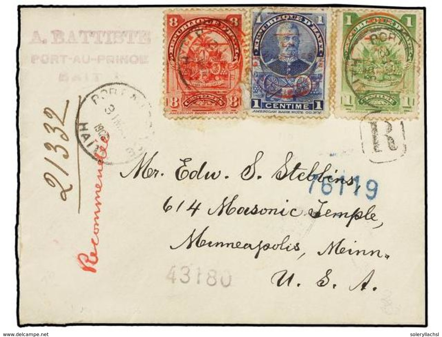 HAITI. Sc.110, 111, 119. 1906. PORT AU PRINCE A U.S.A. Circulado Con Sellos Provisionales De 1 Cto. (2) Y 8 Cts., Al Dor - Sonstige & Ohne Zuordnung