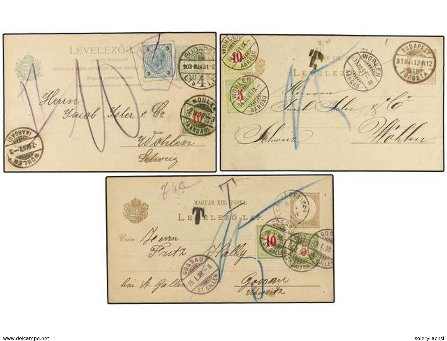 HUNGRIA. 1891-1903. Three Postal Stationary Cards Taxed On Arrival With Swiss Stamps. - Altri & Non Classificati