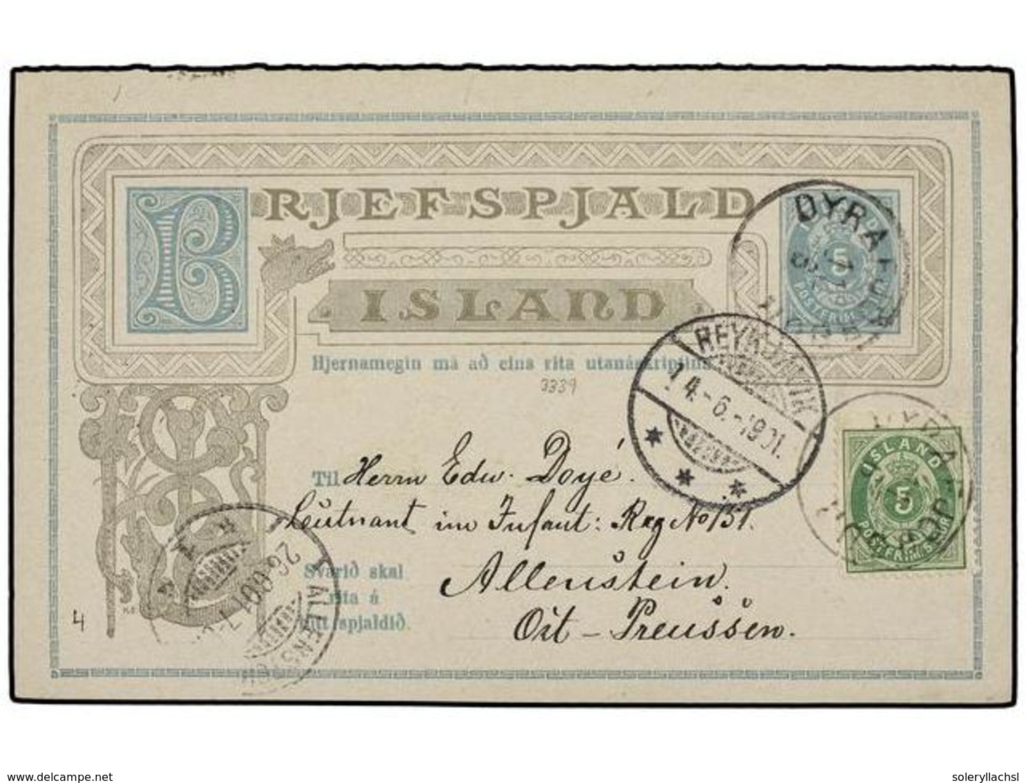 ISLANDIA. 1883. DYRAFJÖRDUR To GERMANY. Double Postal Stationary 5 Aur + 5 Aur With Updated By 5 Ore Green Stamp. Arriva - Altri & Non Classificati