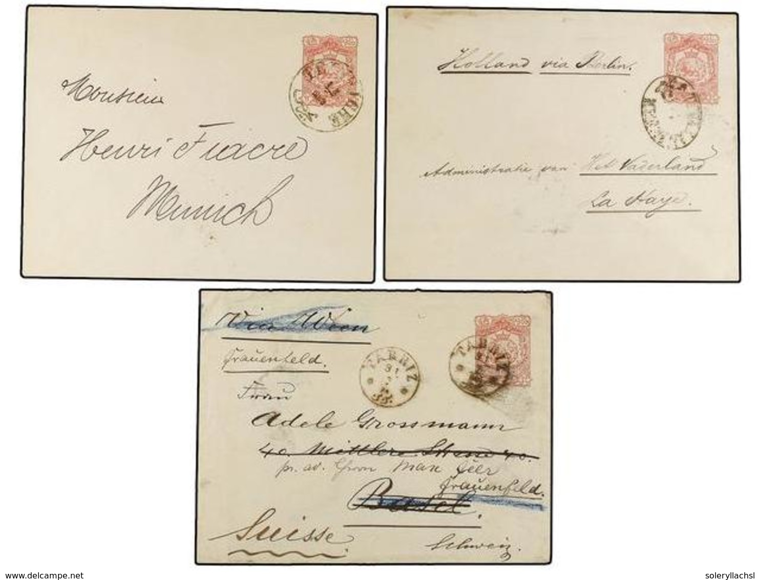 IRAN. 1897-98. Three Postal Stationary Envelope Of 12 Ch. Red Sent Ot SWITZERLAND, GERMANY And HOLLAND. - Sonstige & Ohne Zuordnung