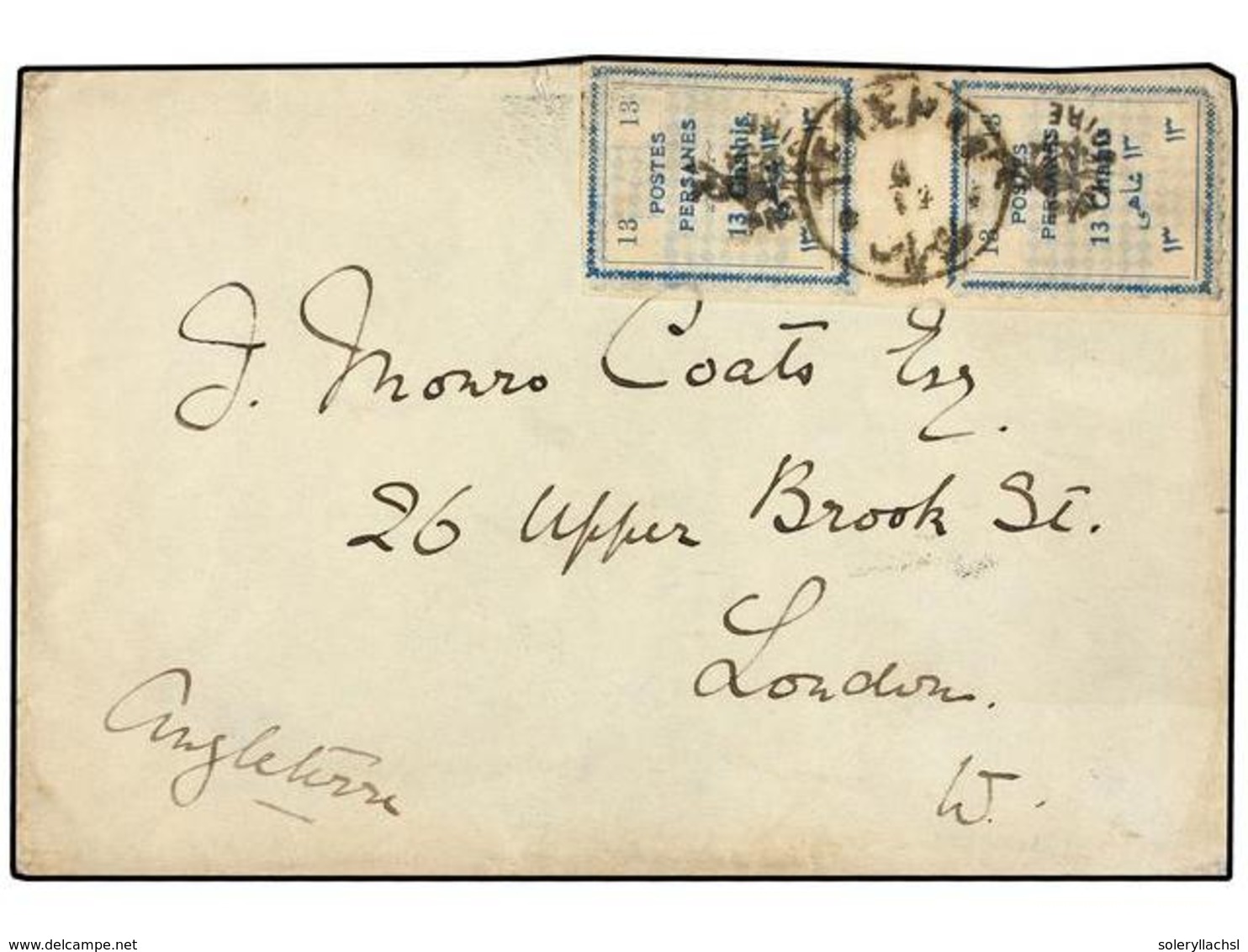 IRAN. Sc.427 (2). 1906. TEHERAN To LONDON. 13 Ch. Blue (2) Provisional Stamps. - Sonstige & Ohne Zuordnung