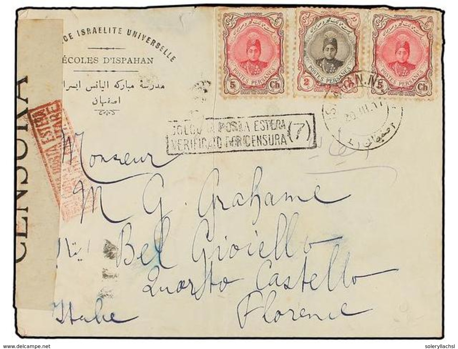 IRAN. 1917. ISPAHAN To ITALY. 2 Ch. And 5 Ch. (2), Italian Censored Label. - Sonstige & Ohne Zuordnung