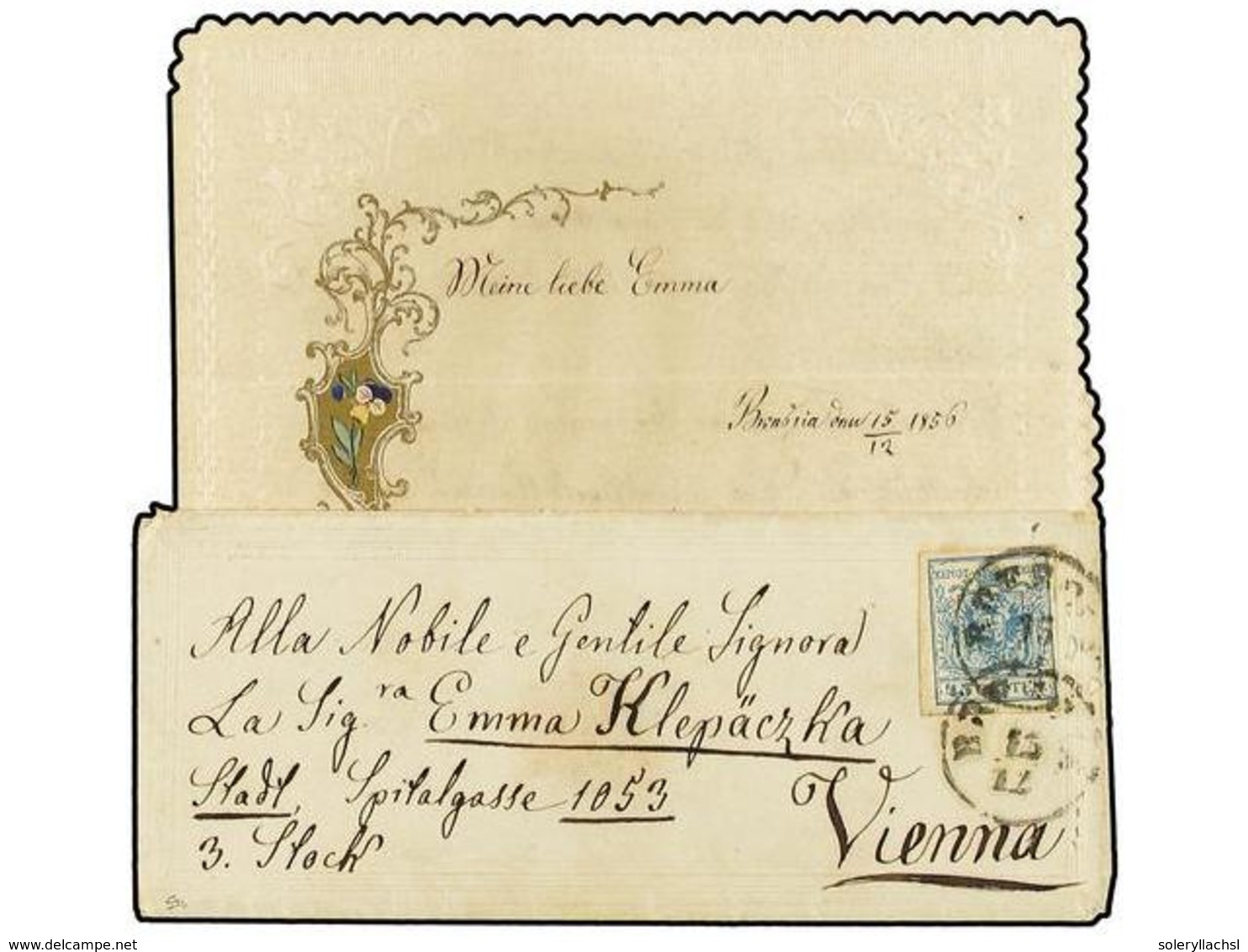 ITALIA ANTIGUOS ESTADOS: LOMBARDO-VENECIA. 1856 (Dec 15). Embossed Decorative Ladies' Envelope To VIENNA, With Complete  - Sonstige & Ohne Zuordnung