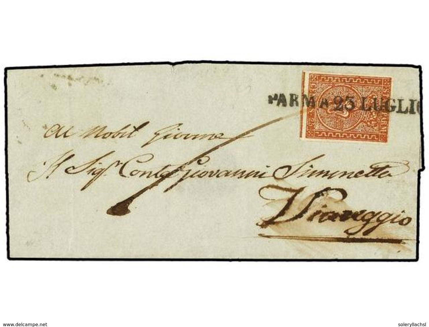 ITALIA ANTIGUOS ESTADOS: PARMA. Sa.8. 1856. PARMA A VIAUGGIO. 25 Cents. Castaño Rojo. MUY BONITA. Sassone.2.250€. - Altri & Non Classificati