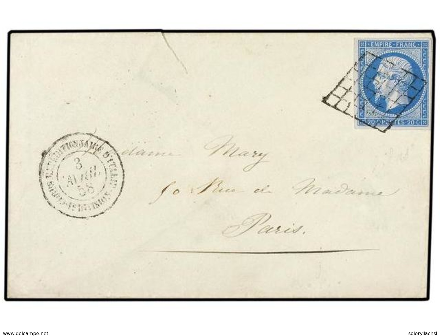 ITALIA. 1858. Sobre Circulado A PARÍS Con Sello Francés De 20 Cts. Azul (Yv. 14), Mat. GRILLE DE ROMA  Y Fechador CORPS  - Sonstige & Ohne Zuordnung