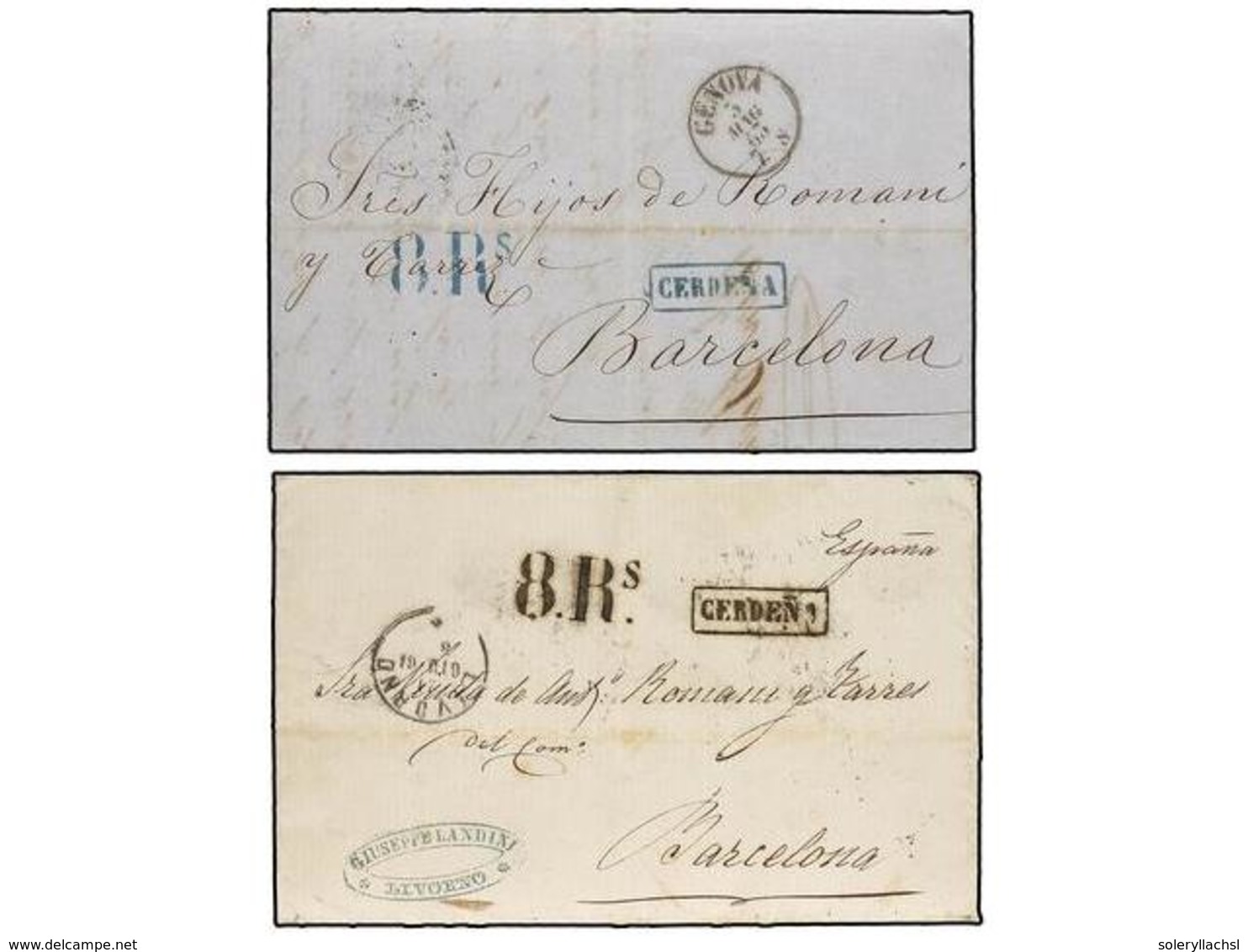 ITALIA. 1861-63. Dos Cartas De GÉNOVA A BARCELONA. Marcas De Entrada CERDEÑA En Azul Y Negro. - Altri & Non Classificati