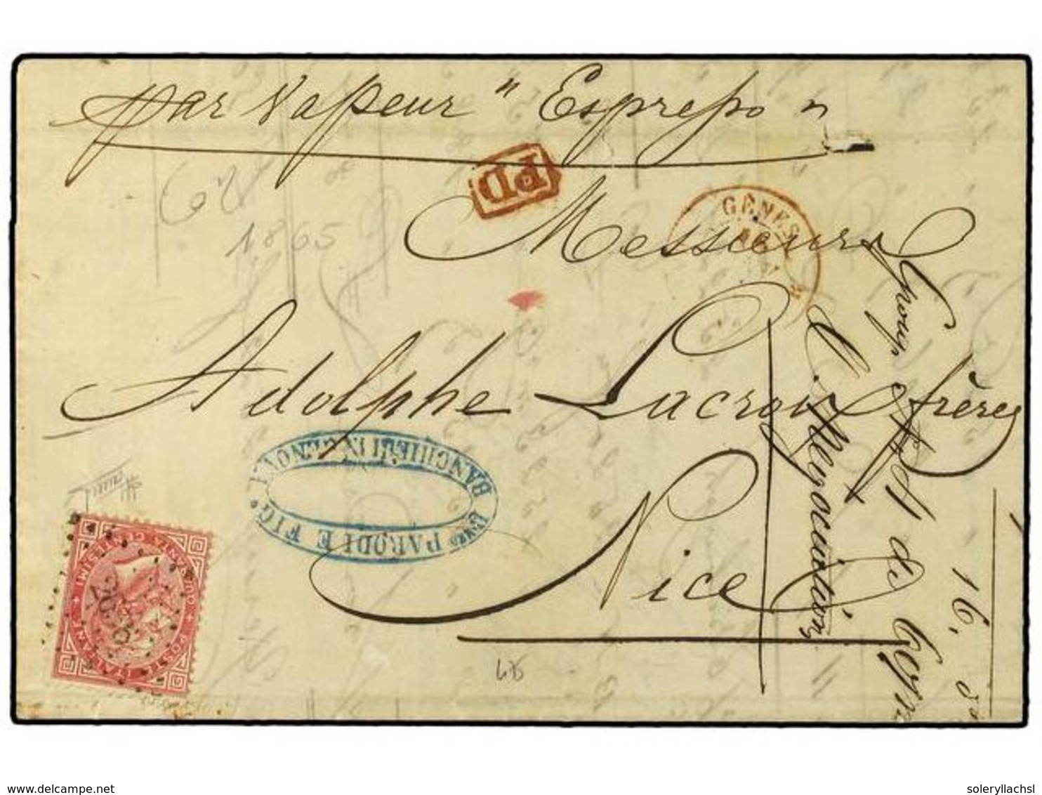 ITALIA. 1865. GENOVA A NICE. 40 Cts. Rosa, Mat. Francés Cifras Pequeñas '2656' De NIZA. MAGNIFICO Y RARO. - Sonstige & Ohne Zuordnung