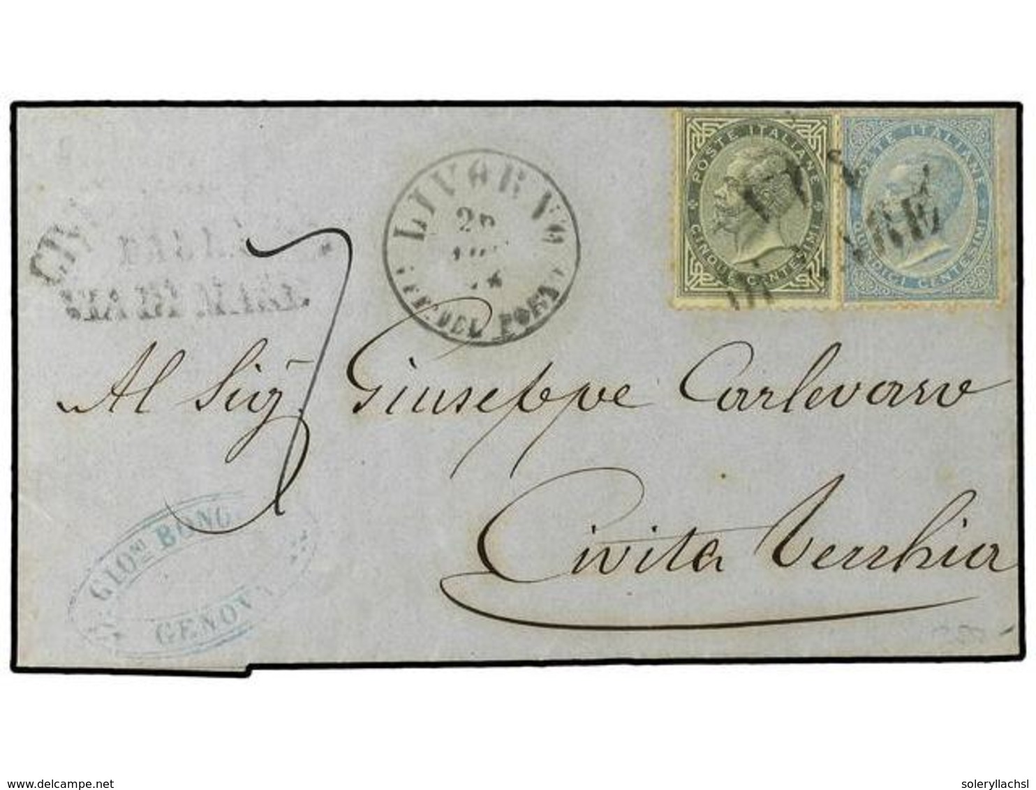 ITALIA. 1872. Cover From Genoa Via Livorno To Civita Vecchia Franked By 1863 5c. Slate And 15c. Blue Tied By 'Via/Di Mar - Sonstige & Ohne Zuordnung