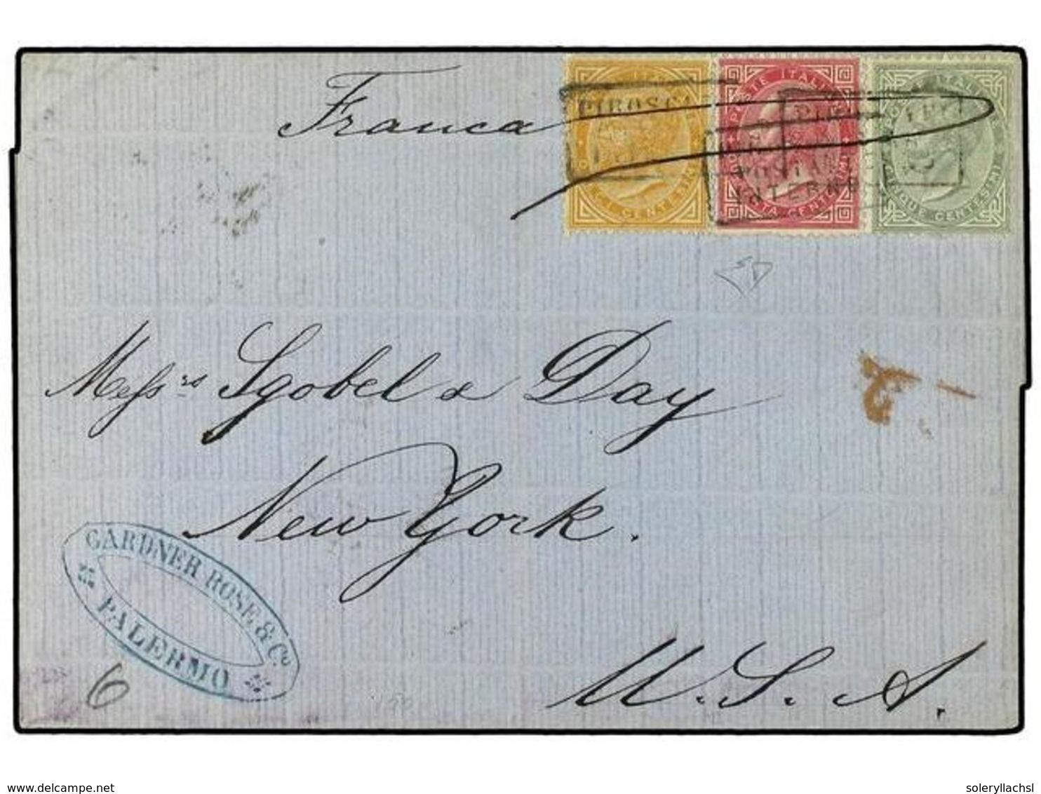 ITALIA. 1875. Wrapper To New York From Palermo  With 5c, 10c. & 40c. VEII Tricolour Franking Tied By Boxed 'Piroscafi Po - Altri & Non Classificati